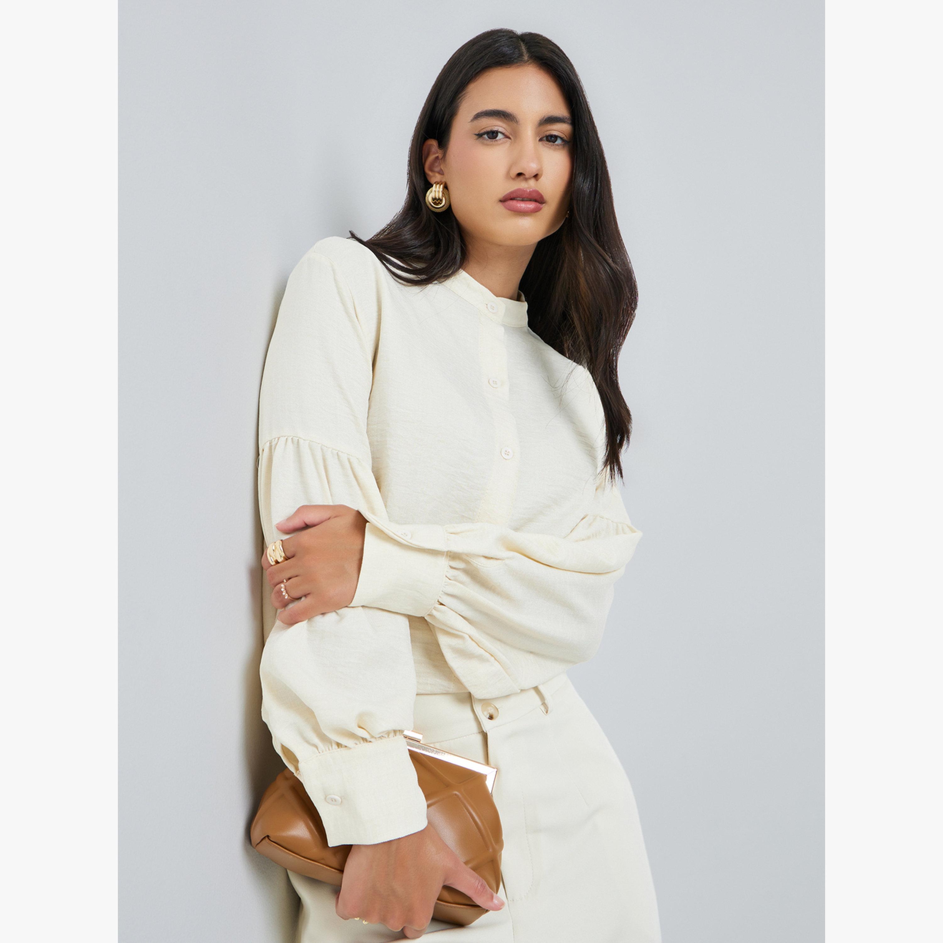 Styli Cream Lantern Sleeve Solid Shirt-women-clothing-shirtsandblouses-blouses-image-3