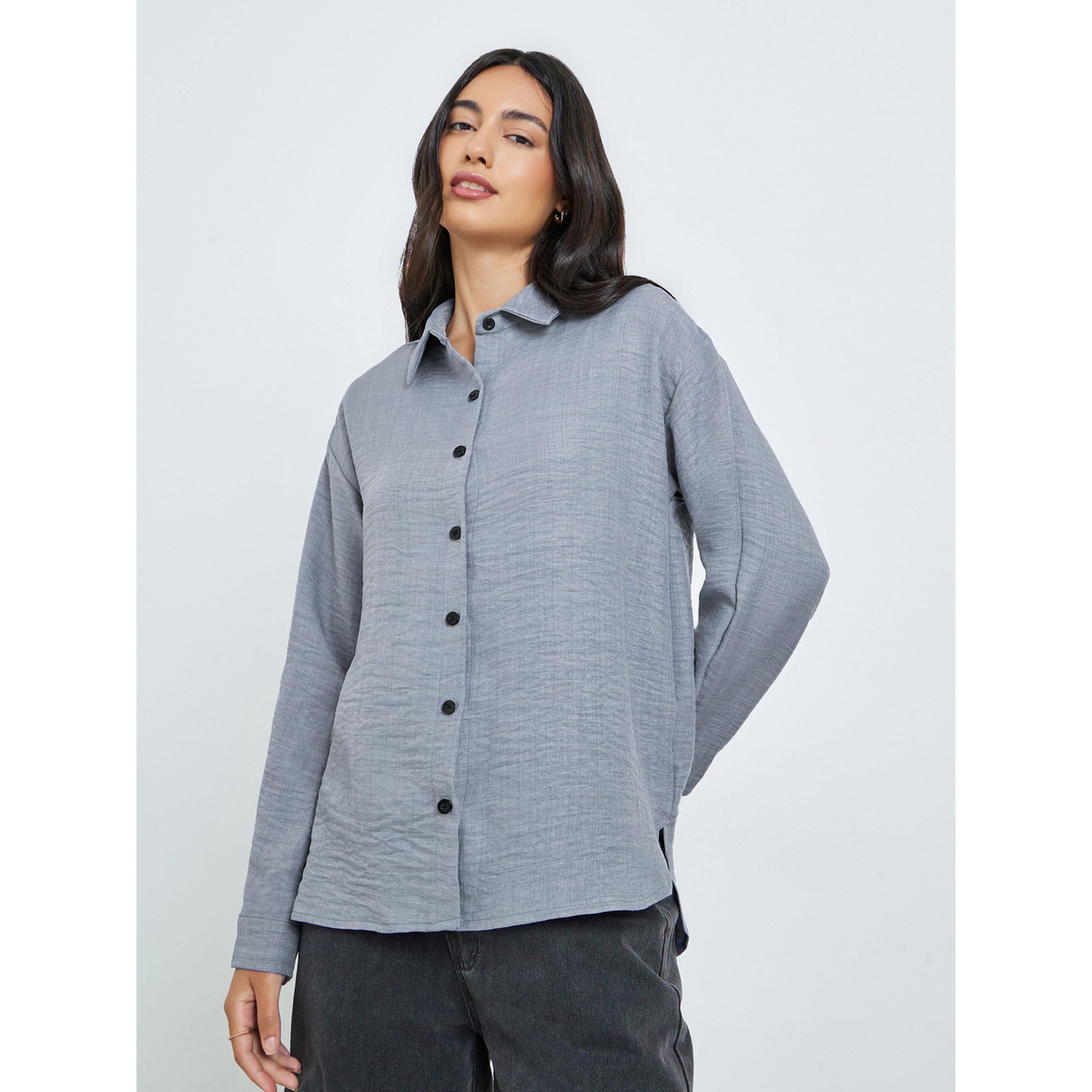 ستايلي - قميص رمادي بأكمام طويلة بقصة مريحة-women-clothing-shirtsandblouses-shirts-image-1
