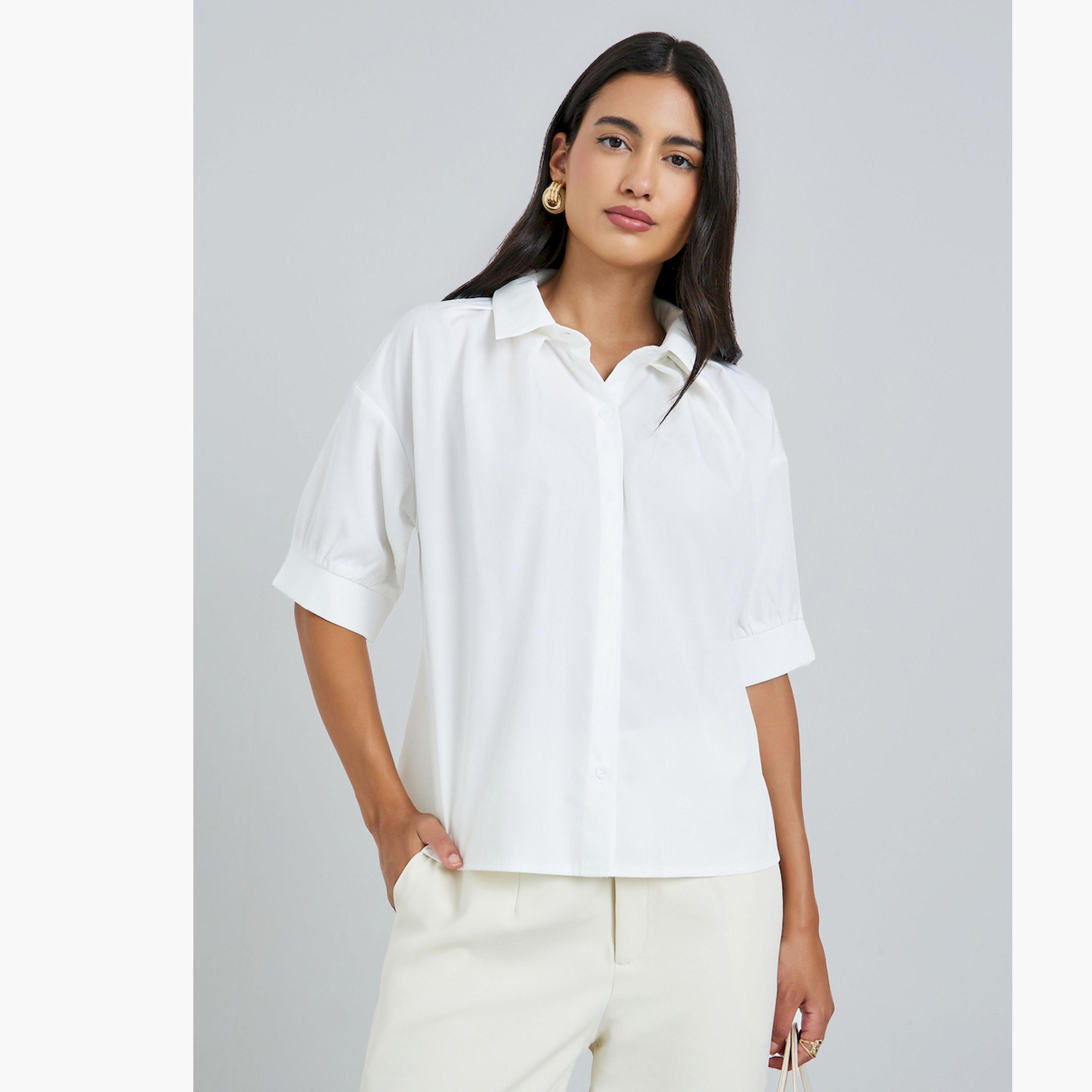 Styli White Ruffled Puff Sleeve Shirt-women-clothing-shirtsandblouses-shirts-image-1