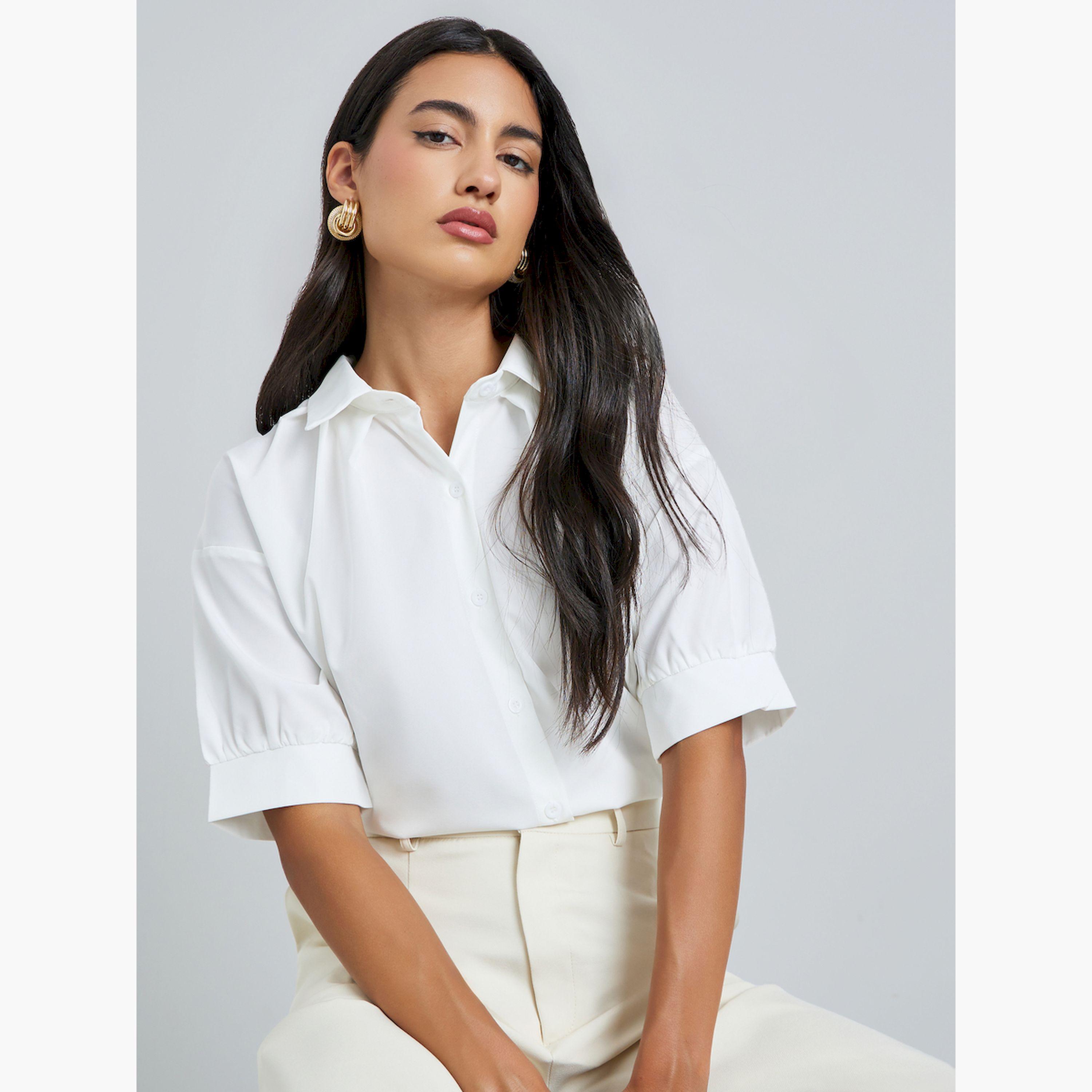 Styli White Ruffled Puff Sleeve Shirt-women-clothing-shirtsandblouses-shirts-image-3