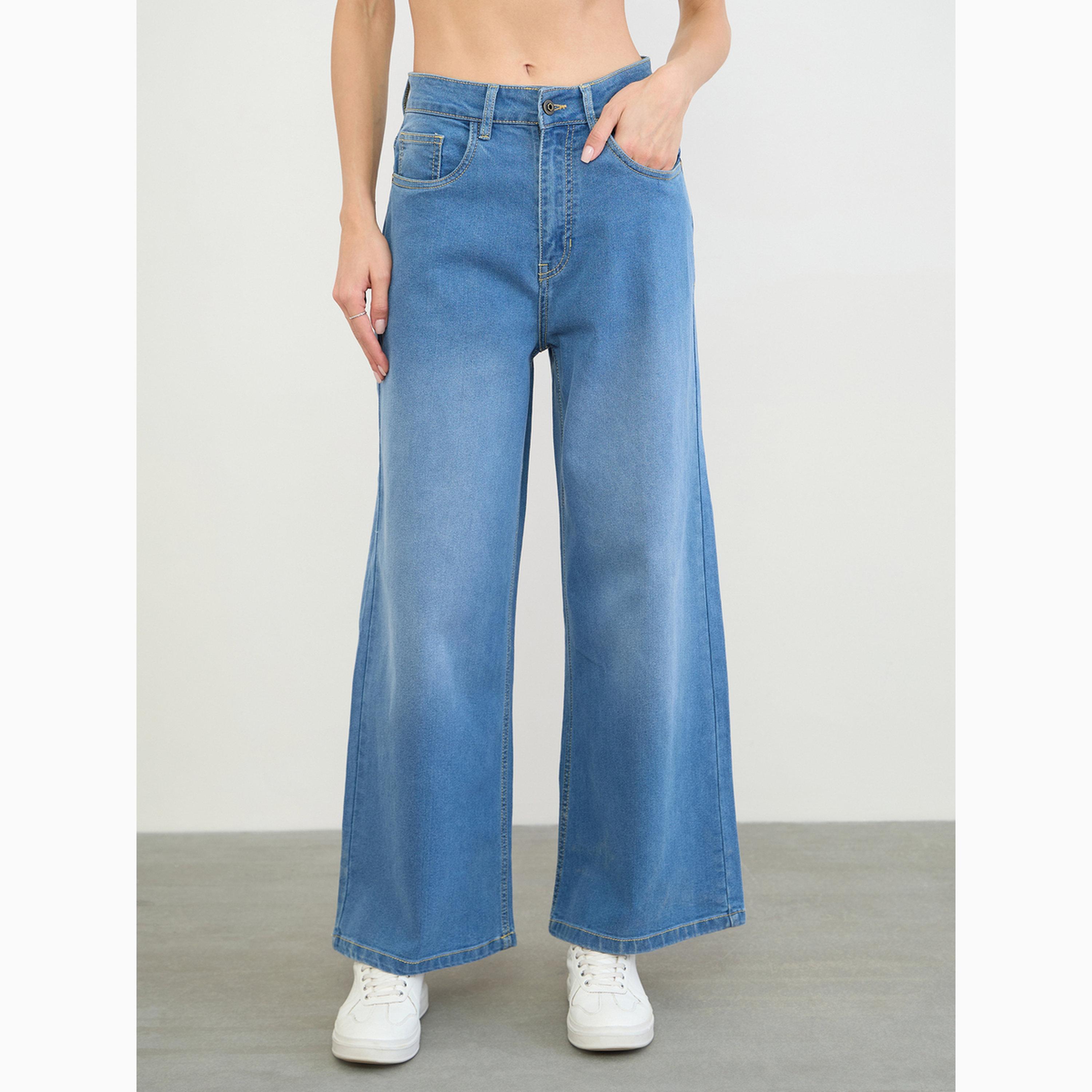 بنطال جينز مرن وبأرجل واسعة ومظهر باهت للنساء-women-clothing-bottoms-jeans-image-1