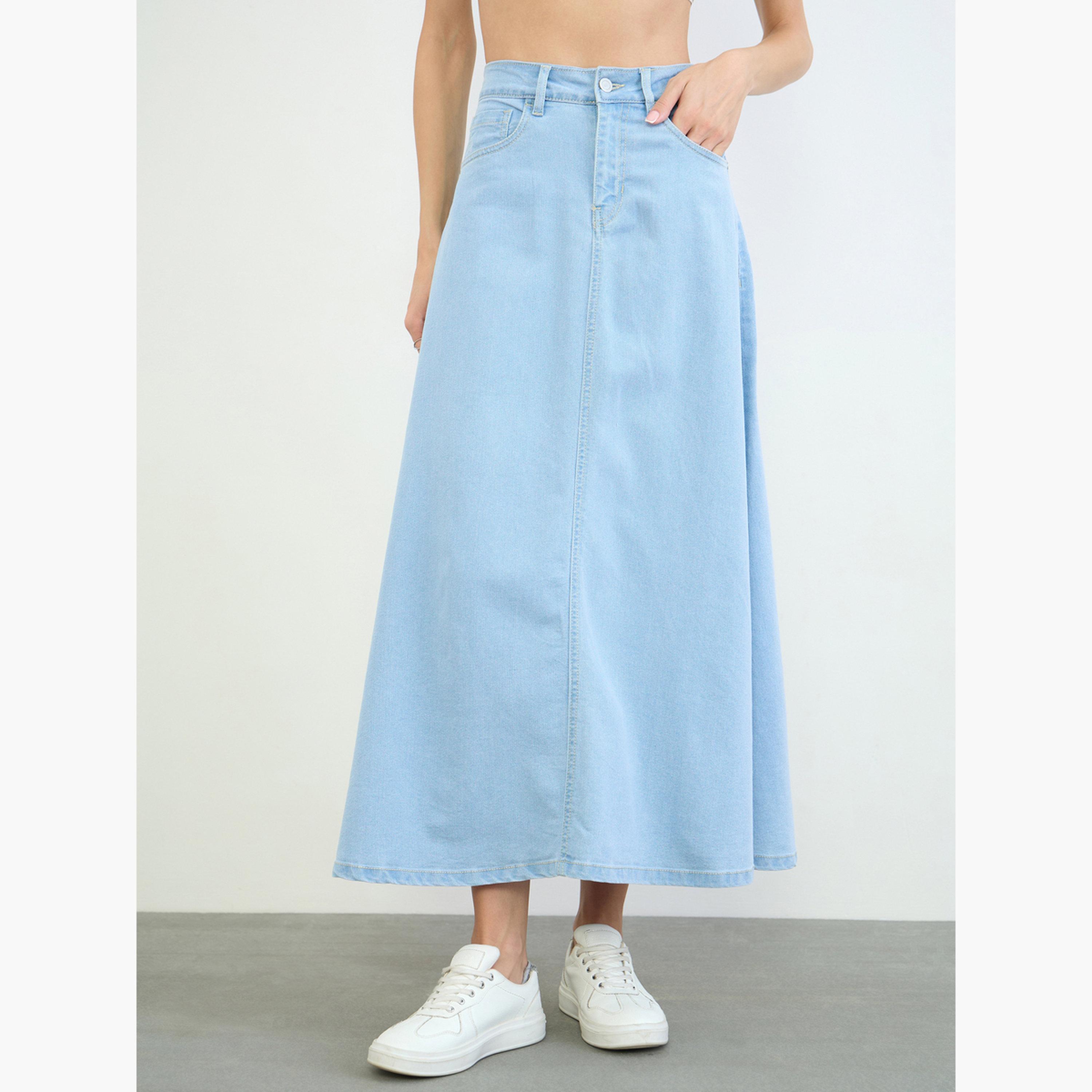 ستايلي - تنورة طويلة من الدنيم الأزرق الفاتح تصميم A-women-clothing-bottoms-skirts-image-1