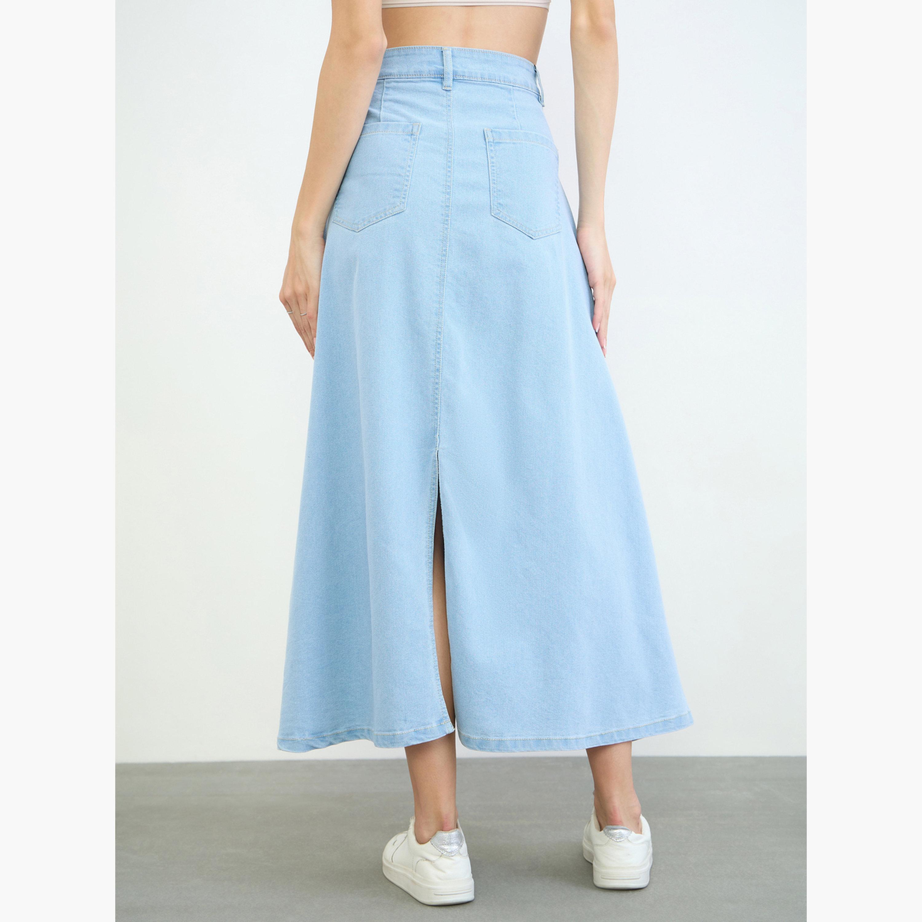 ستايلي - تنورة طويلة من الدنيم الأزرق الفاتح تصميم A-women-clothing-bottoms-skirts-image-4