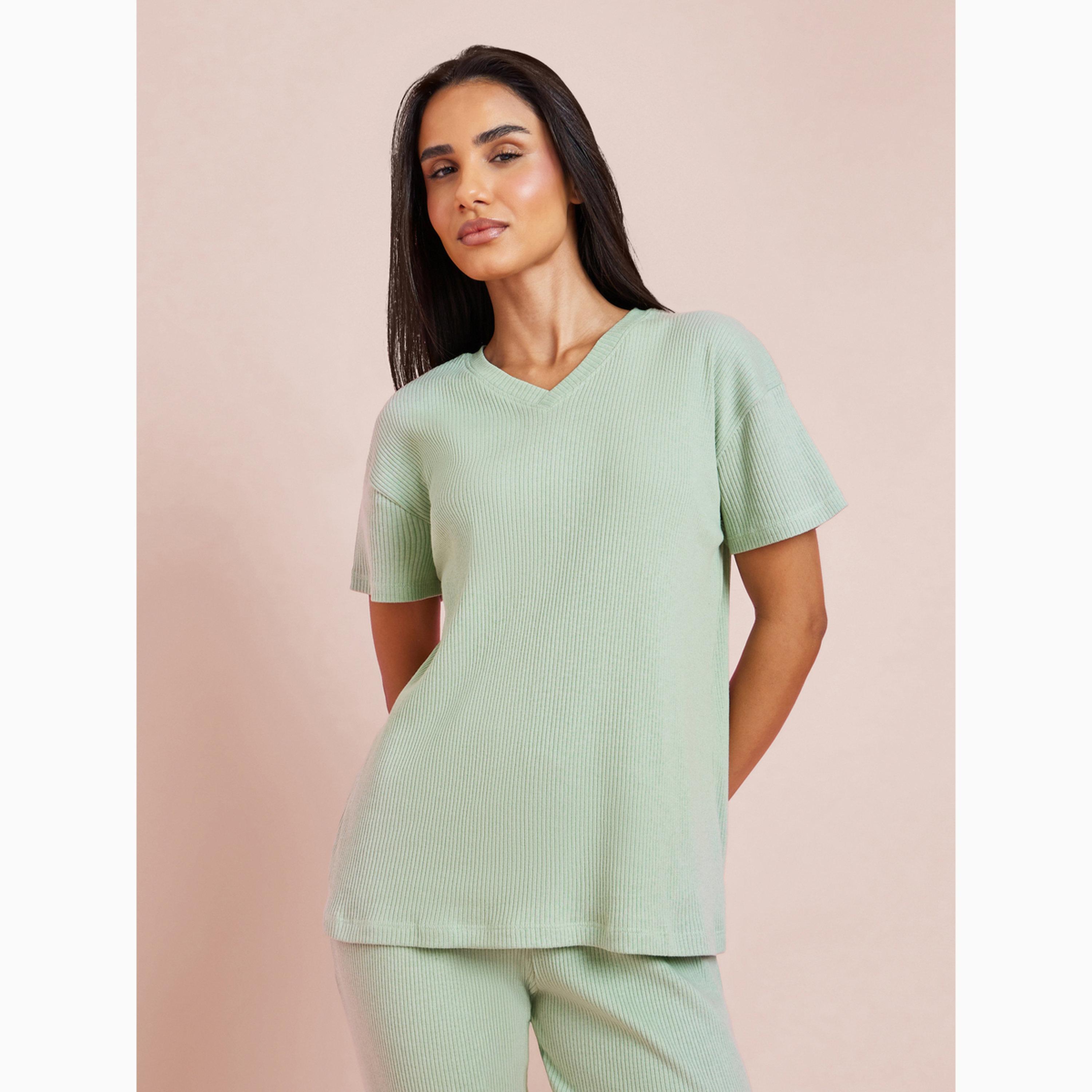 Styli Green Rib V Neck Drop Shoulder T-Shirt and Pyjama Set-women-clothing-nightwear-pyjamas-longsets-image-2