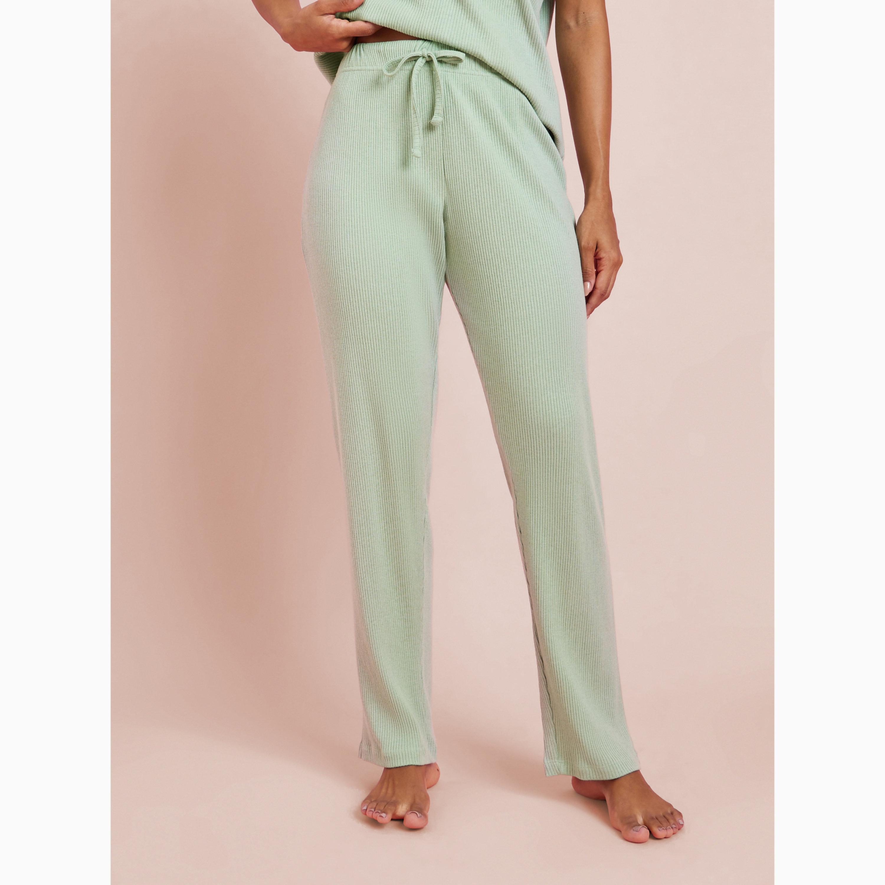 Styli Green Rib V Neck Drop Shoulder T-Shirt and Pyjama Set-women-clothing-nightwear-pyjamas-longsets-image-4