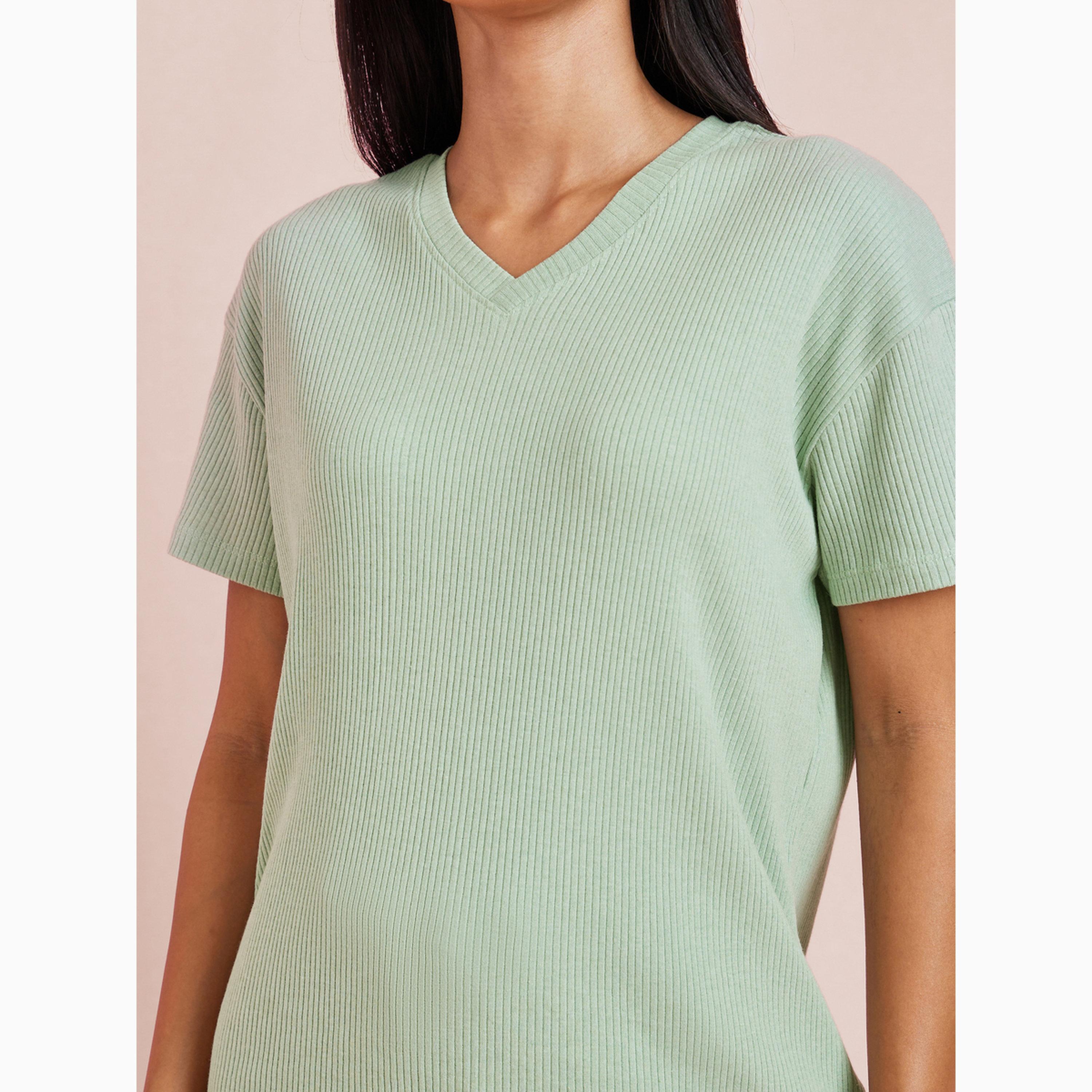 Styli Green Rib V Neck Drop Shoulder T-Shirt and Pyjama Set-women-clothing-nightwear-pyjamas-longsets-image-5