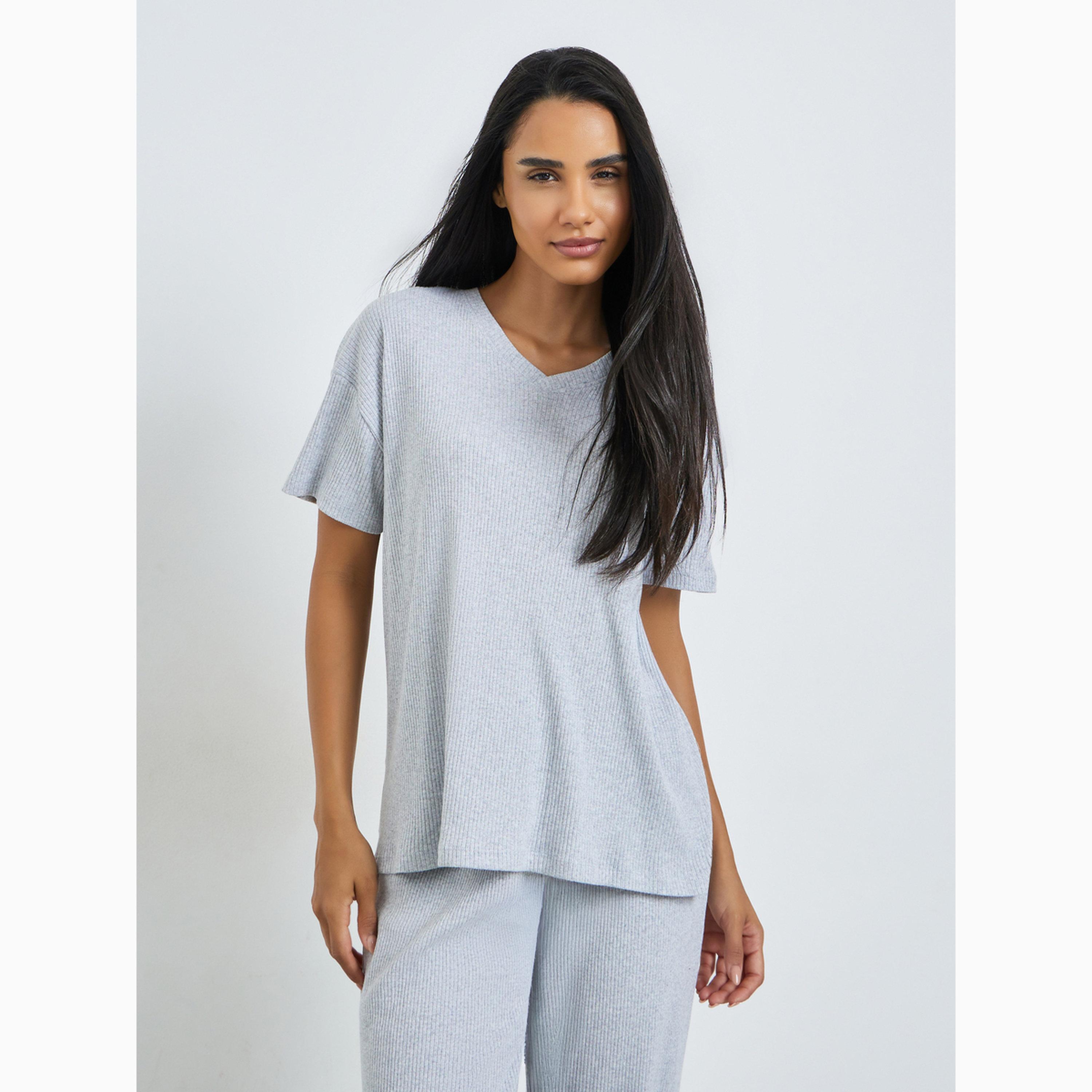 Styli Grey Rib V Neck Drop Shoulder T-Shirt and Pyjama Set-women-clothing-nightwear-pyjamas-longsets-image-3