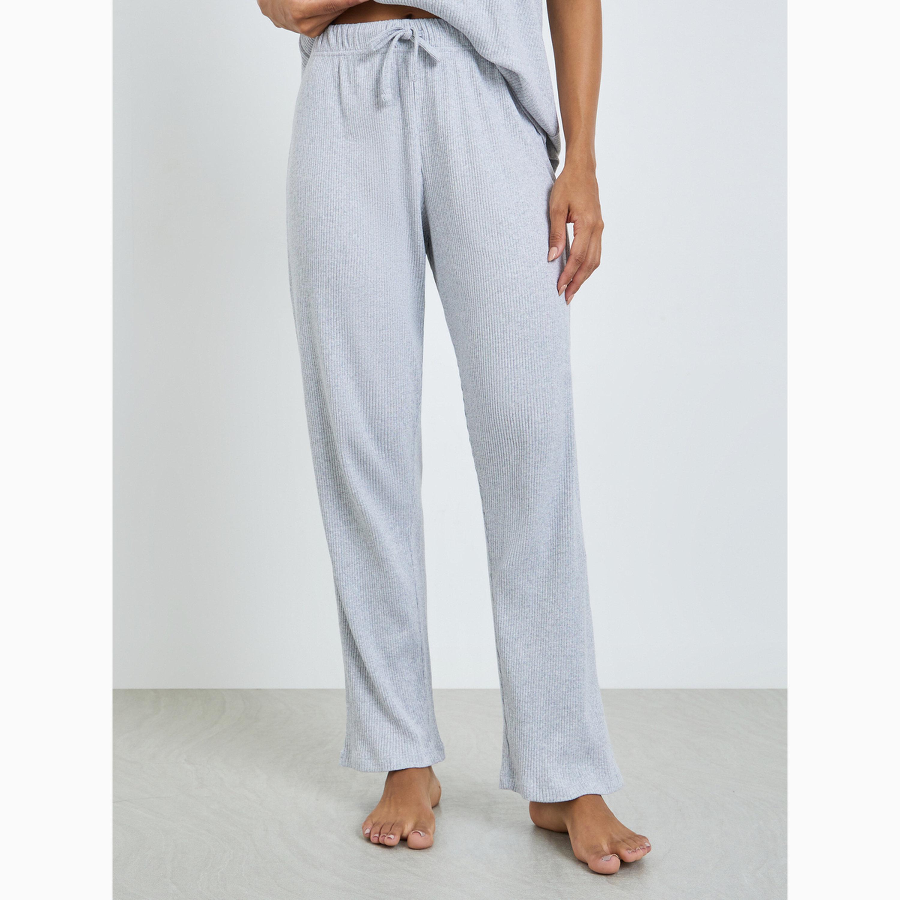 Styli Grey Rib V Neck Drop Shoulder T-Shirt and Pyjama Set-women-clothing-nightwear-pyjamas-longsets-image-5