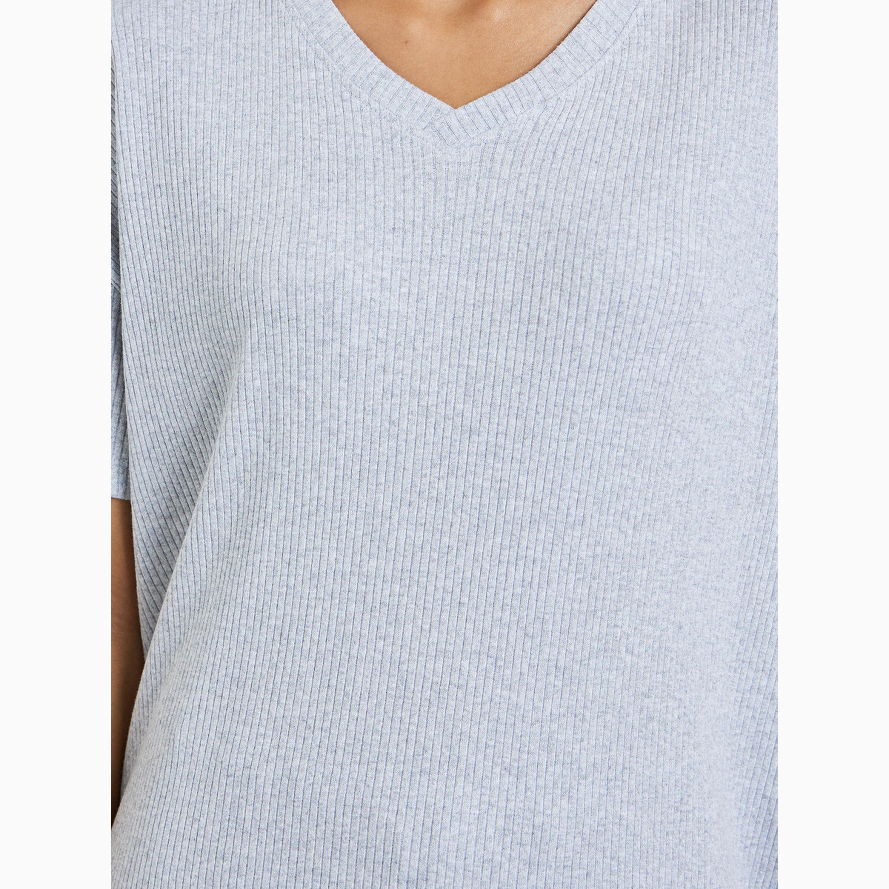 Styli Grey Rib V Neck Drop Shoulder T-Shirt and Pyjama Set-women-clothing-nightwear-pyjamas-longsets-image-6