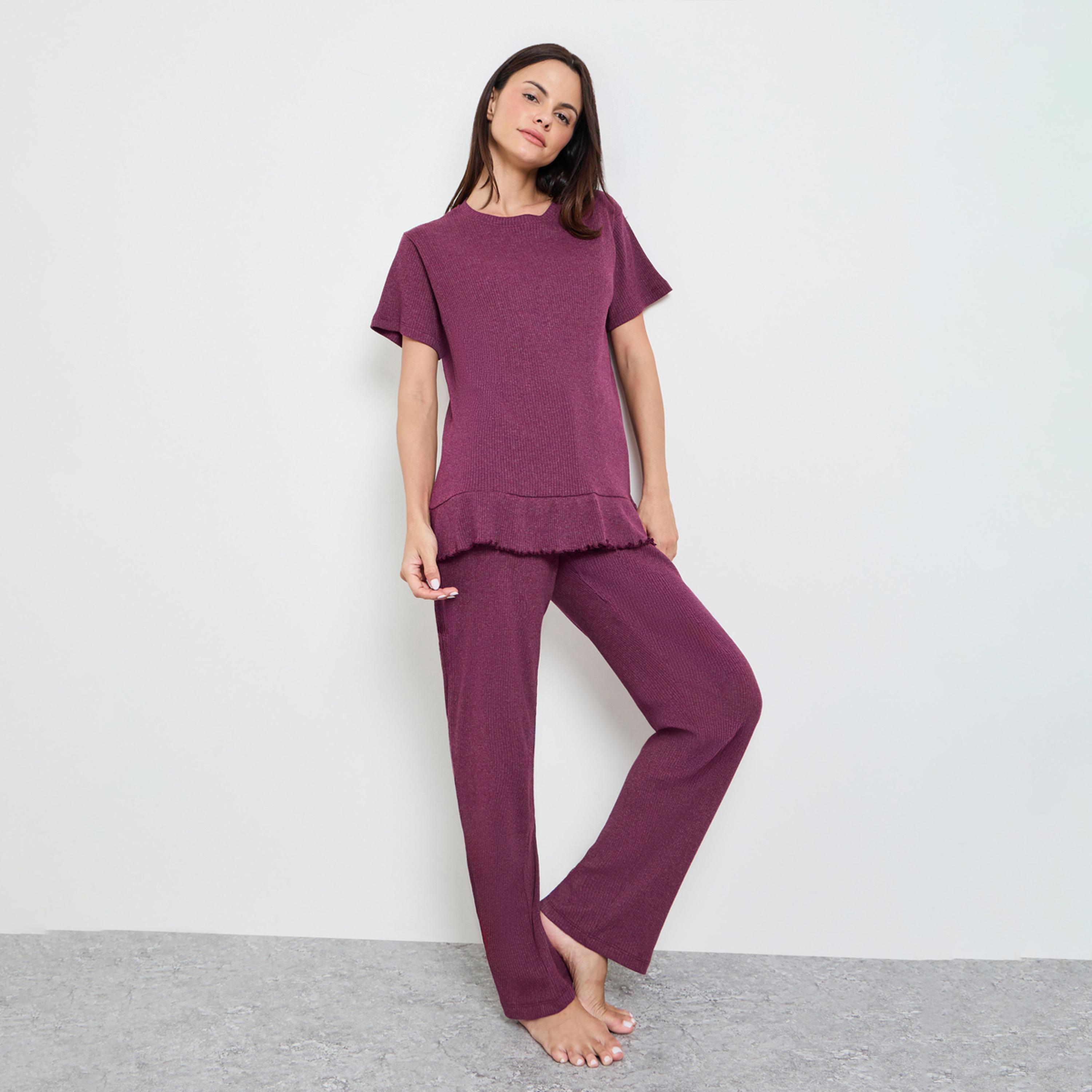 Styli Burgundy Cotton Blend Rib Ruffle Hem T-Shirt and Pyjama Set-women-clothing-nightwear-pyjamas-longsets-image-1