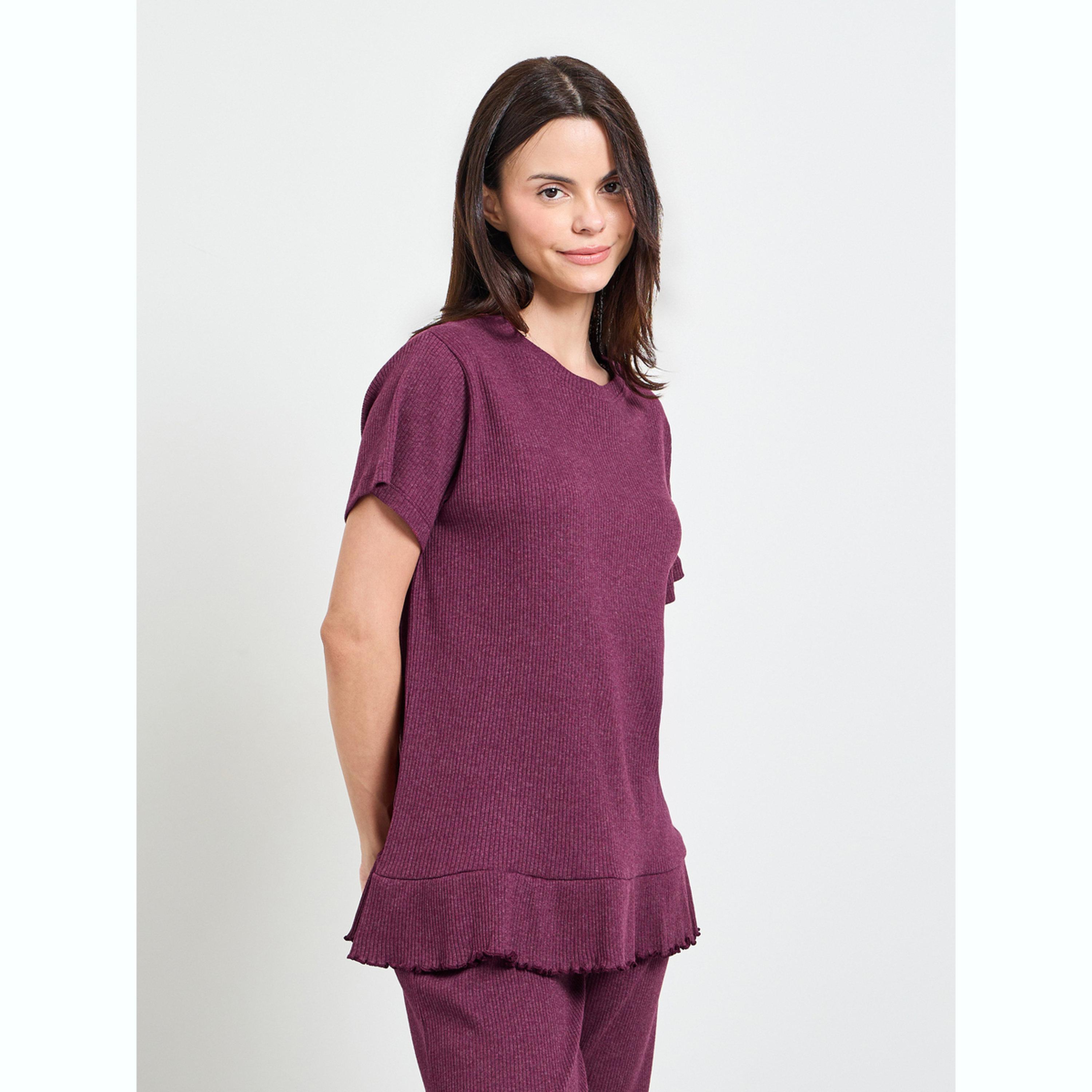 Styli Burgundy Cotton Blend Rib Ruffle Hem T-Shirt and Pyjama Set-women-clothing-nightwear-pyjamas-longsets-image-2