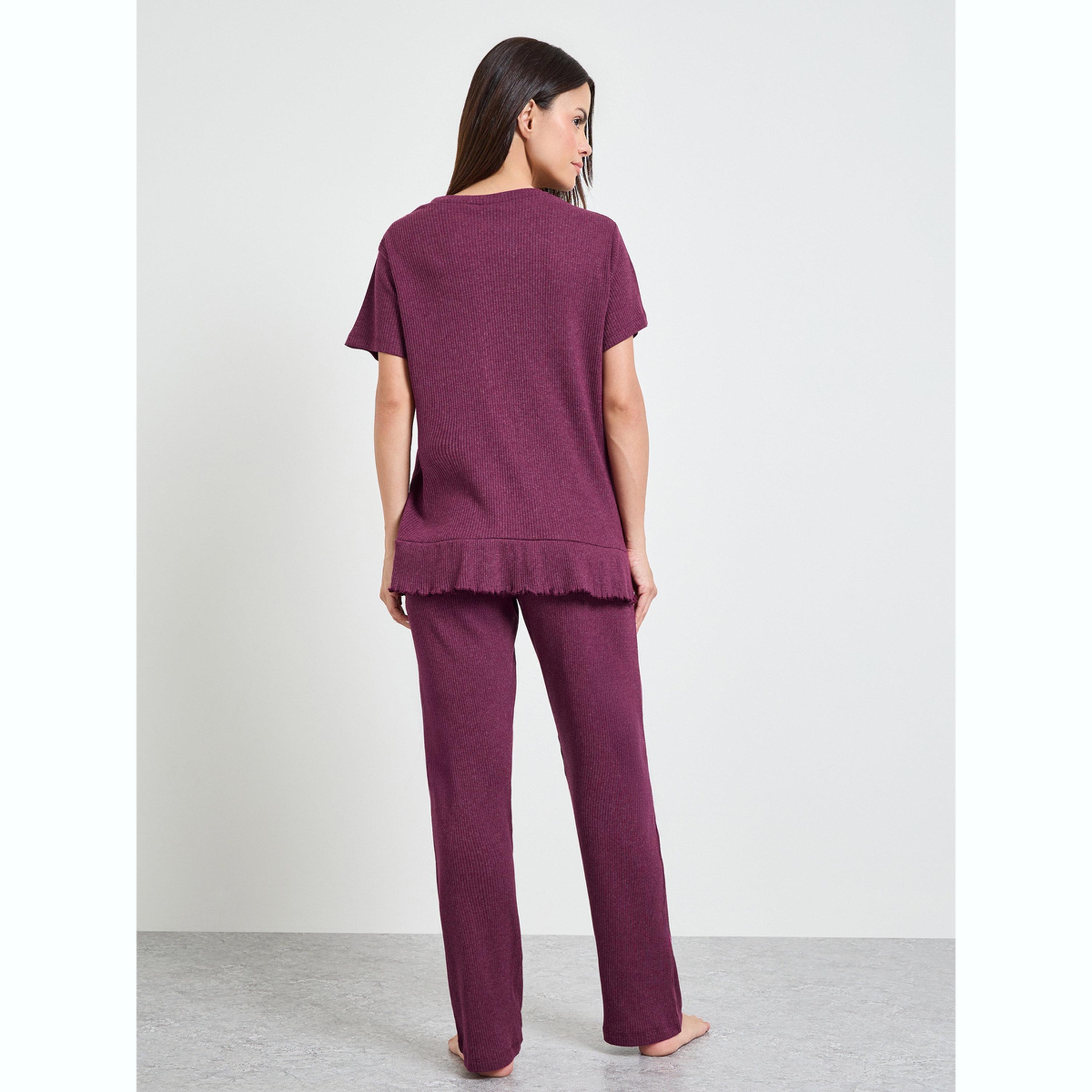 Styli Burgundy Cotton Blend Rib Ruffle Hem T-Shirt and Pyjama Set-women-clothing-nightwear-pyjamas-longsets-image-3