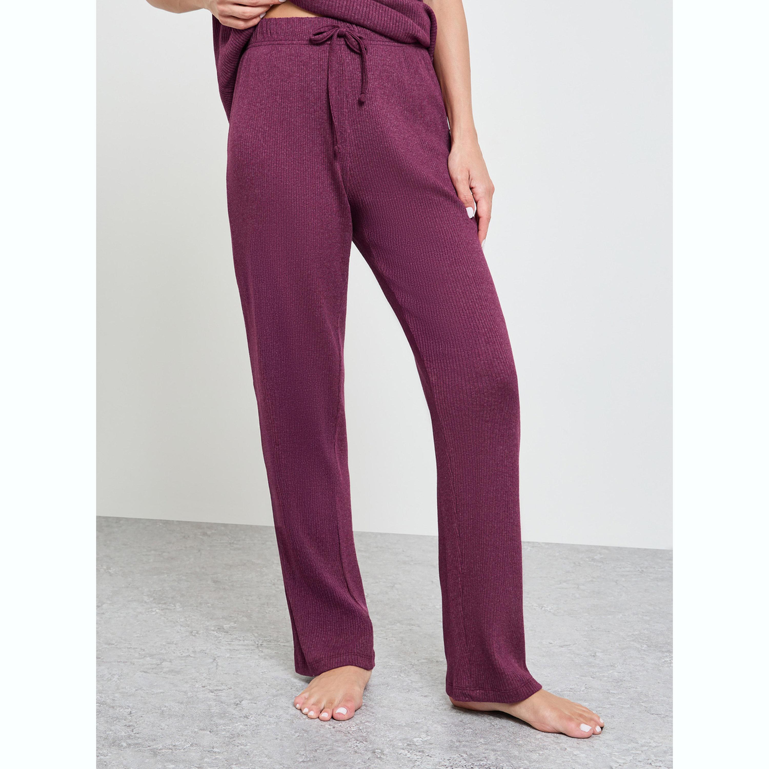 Styli Burgundy Cotton Blend Rib Ruffle Hem T-Shirt and Pyjama Set-women-clothing-nightwear-pyjamas-longsets-image-4