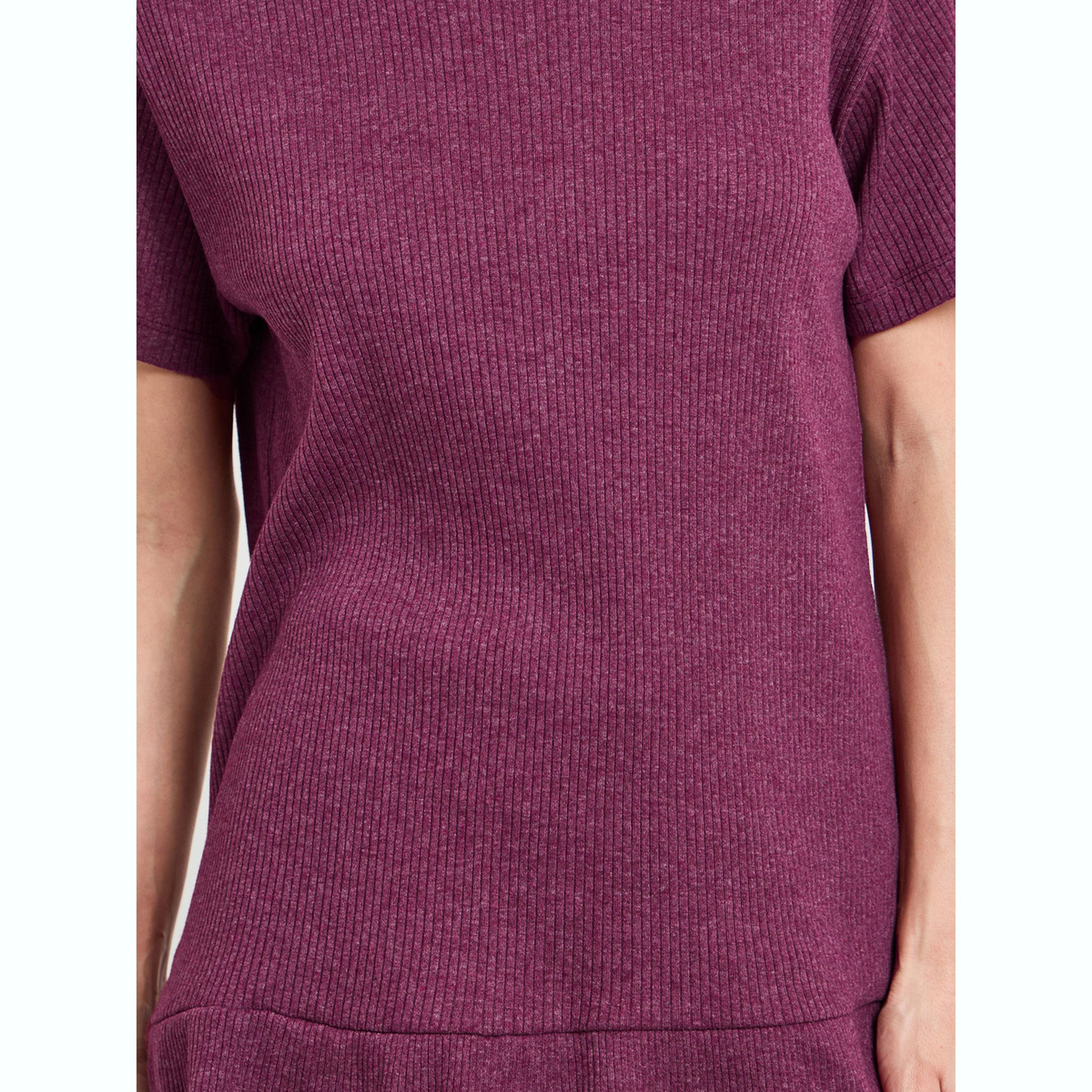 Styli Burgundy Cotton Blend Rib Ruffle Hem T-Shirt and Pyjama Set-women-clothing-nightwear-pyjamas-longsets-image-5