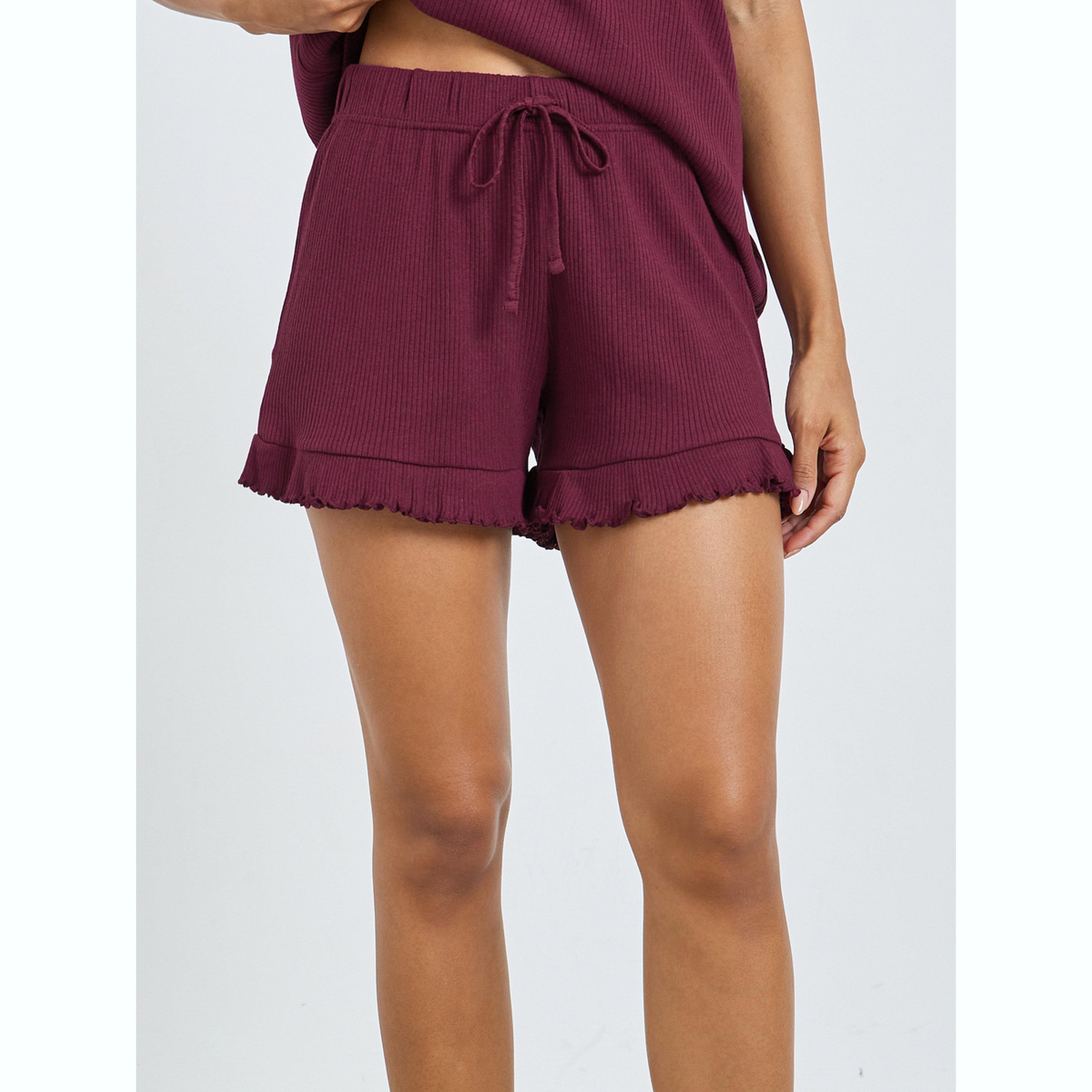 طقم قطني عنابي مضلع تيشيرت بأكتاف منسدلة وشورت بحافة مكشكشة-women-clothing-nightwear-pyjamas-shortsets-image-4