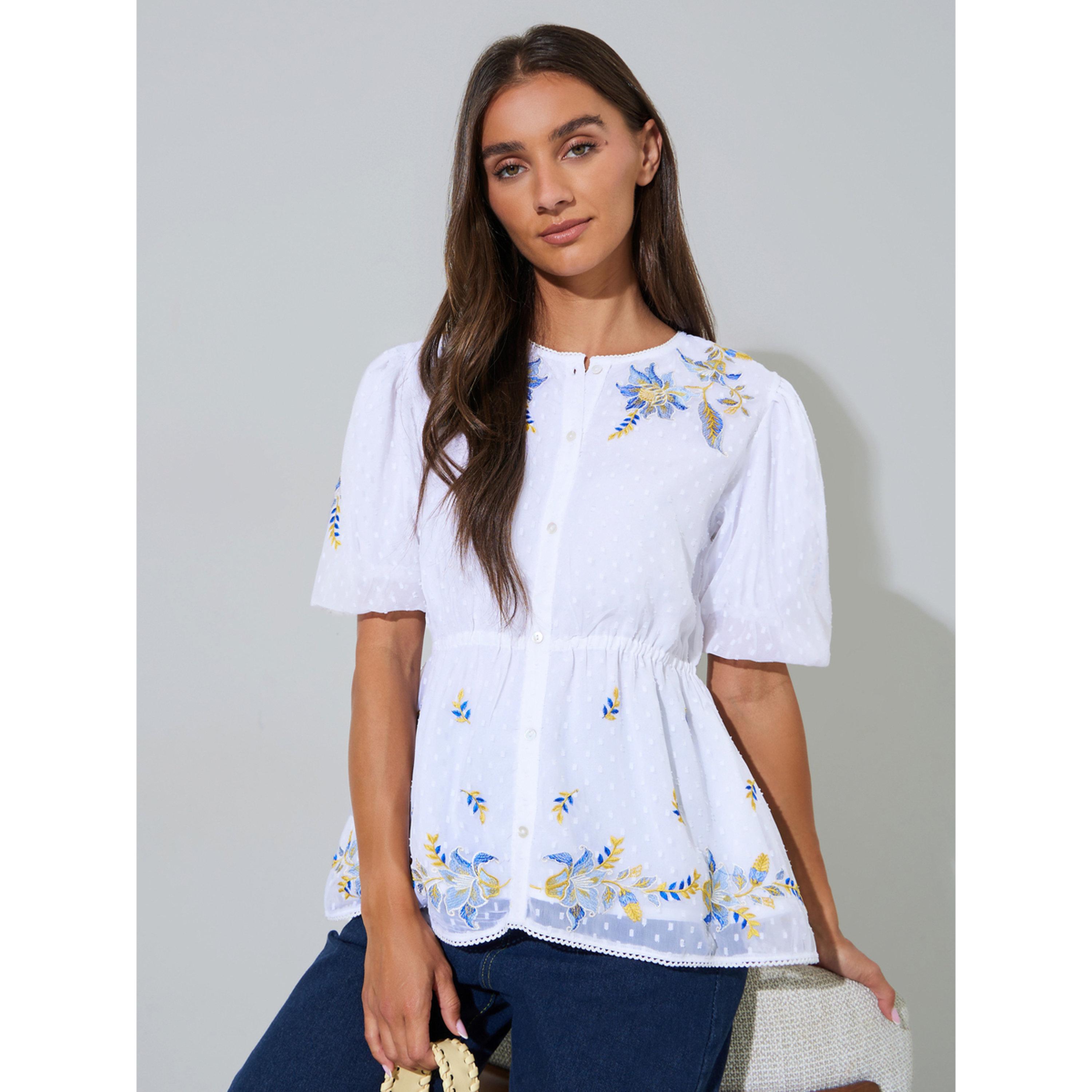 Styli Off-White Embroidered Peplum Top with Short Sleeves-women-clothing-shirtsandblouses-blouses-image-1