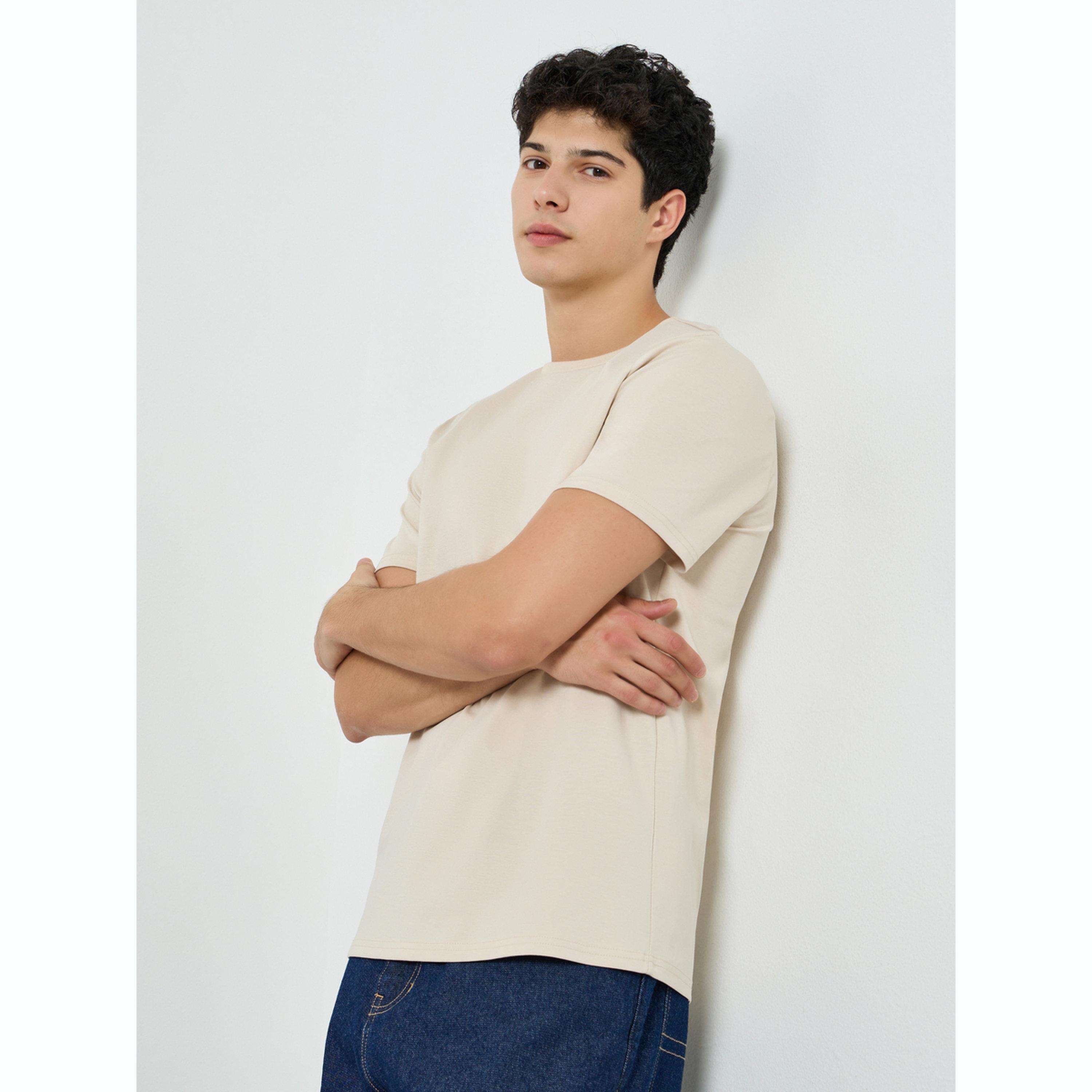 Styli Men Beige Cotton Crew Neck T-Shirt-men-clothing-tshirtsandpolos-tshirts-image-1