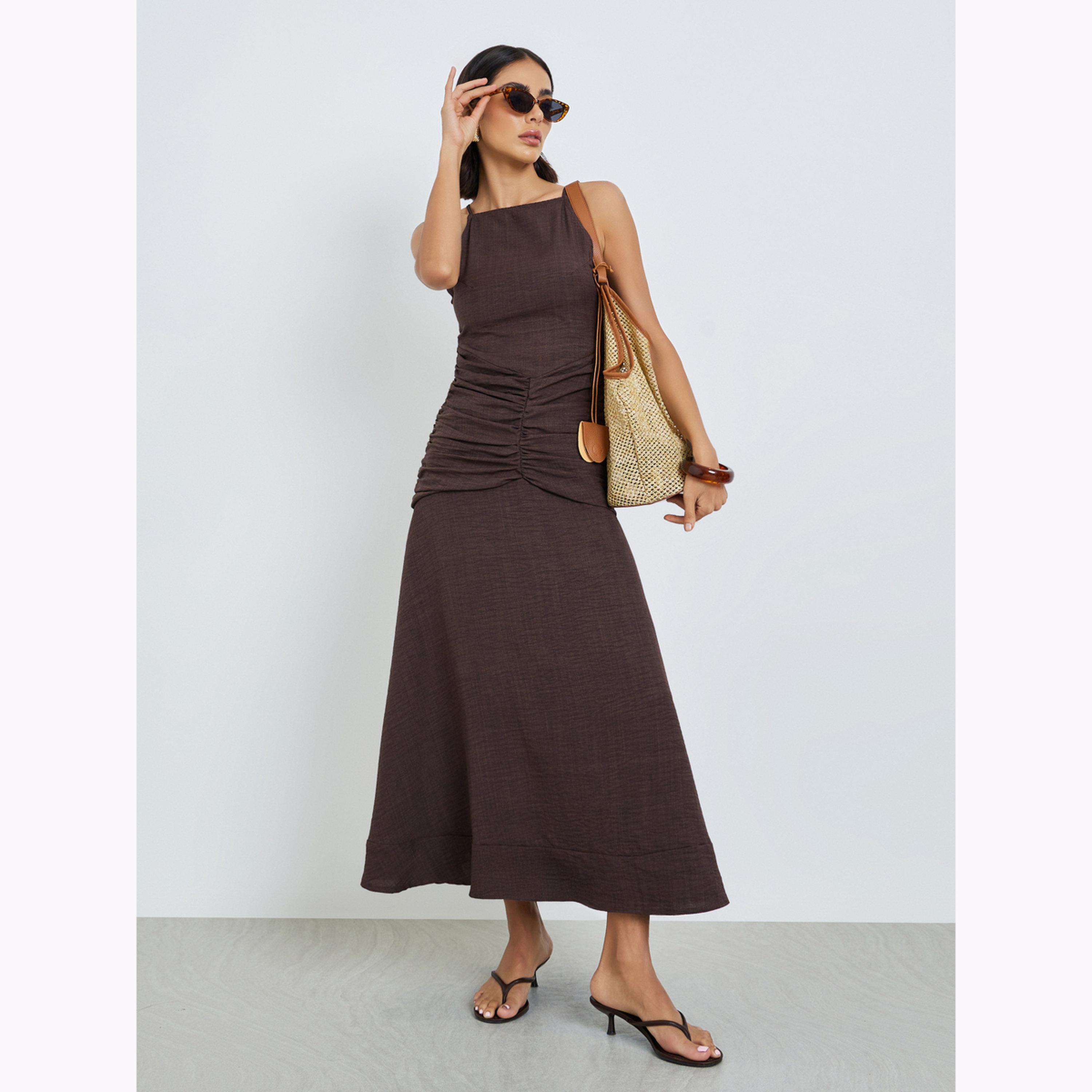 Styli Brown Plain Sleeveless Maxi Sheath Dress-women-clothing-dresses-image-1