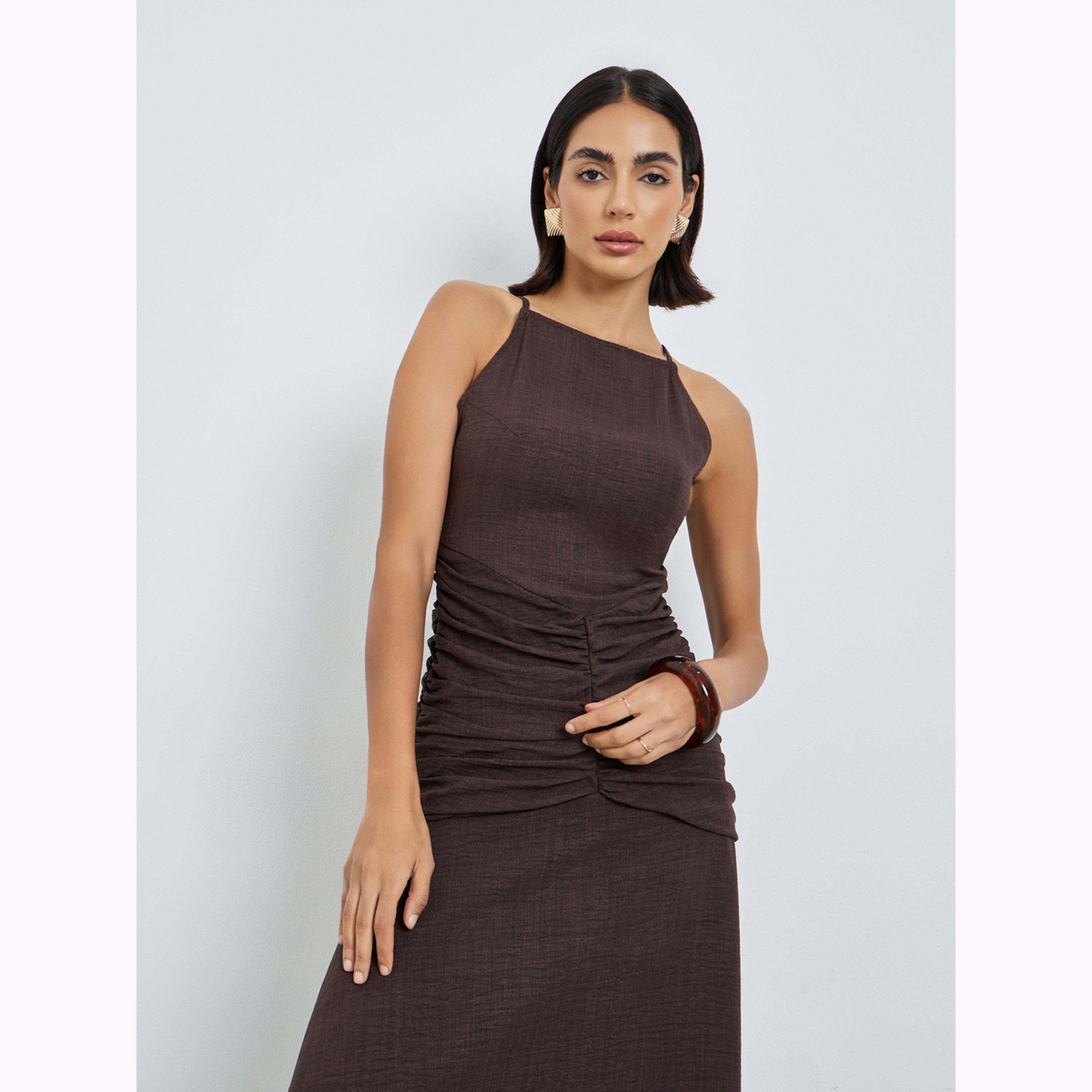 Styli Brown Plain Sleeveless Maxi Sheath Dress-women-clothing-dresses-image-2