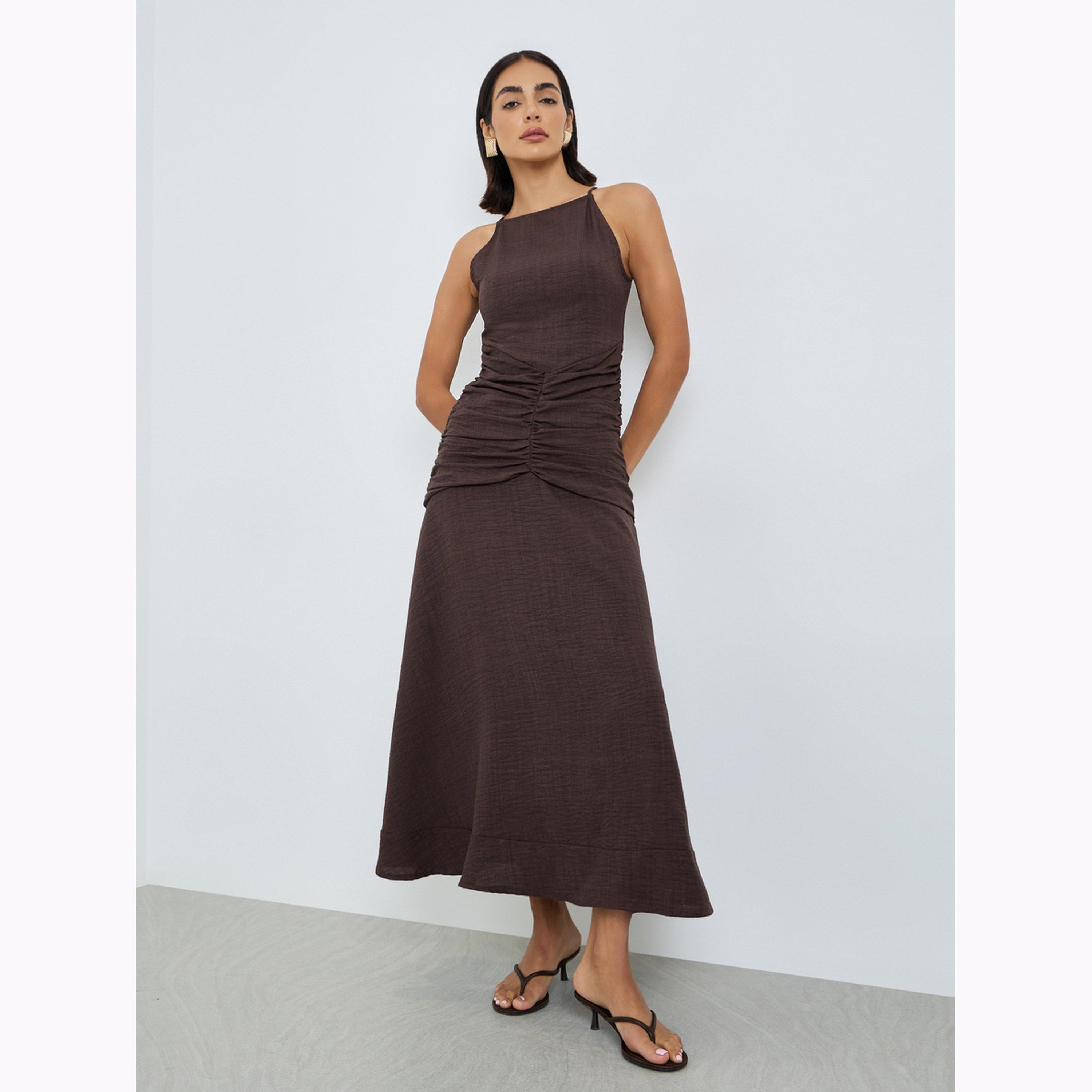 Styli Brown Plain Sleeveless Maxi Sheath Dress-women-clothing-dresses-image-3