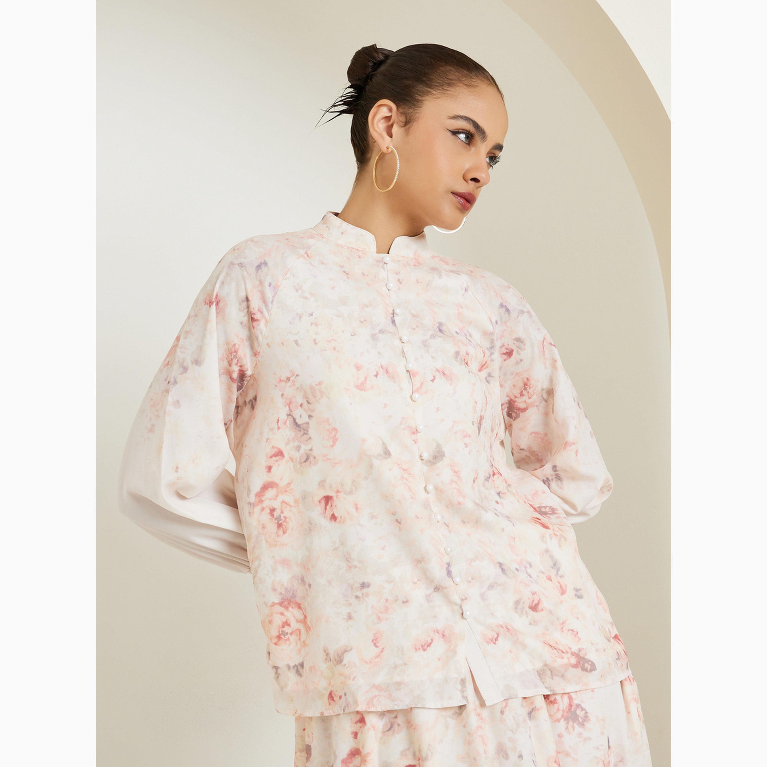 طقم منسق من تنورة طويلة وبلوزة بنقشة زهور كريمي-women-clothing-coordsets-image-2