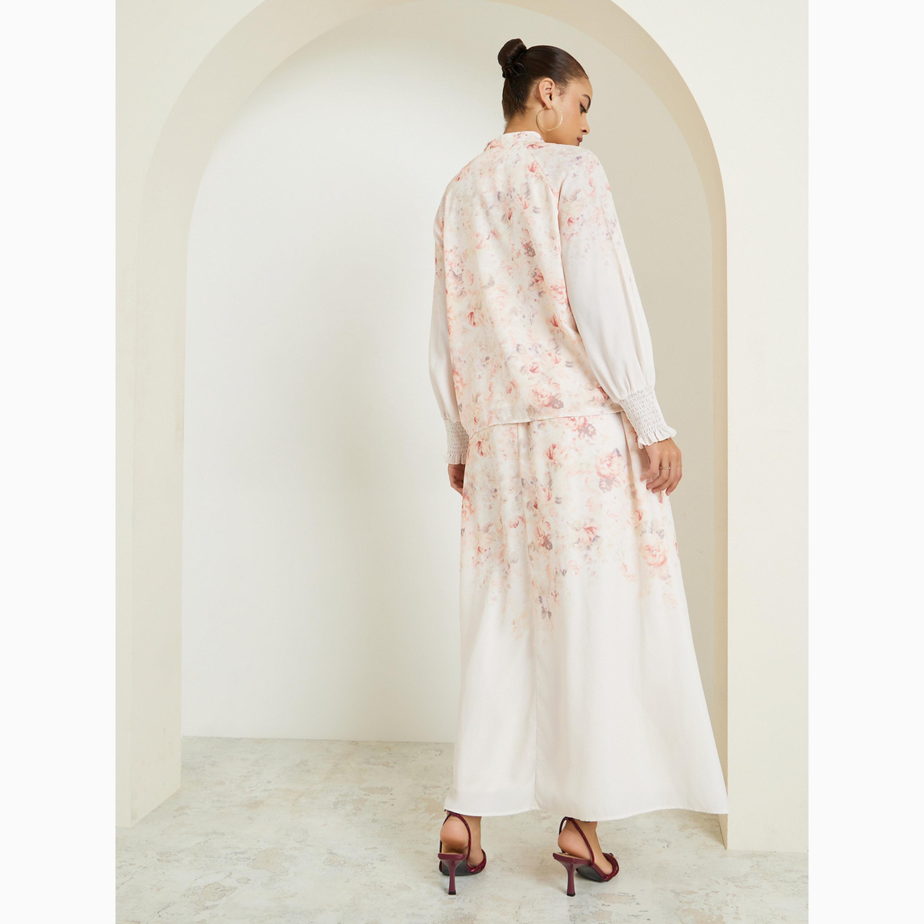 طقم منسق من تنورة طويلة وبلوزة بنقشة زهور كريمي-women-clothing-coordsets-image-3