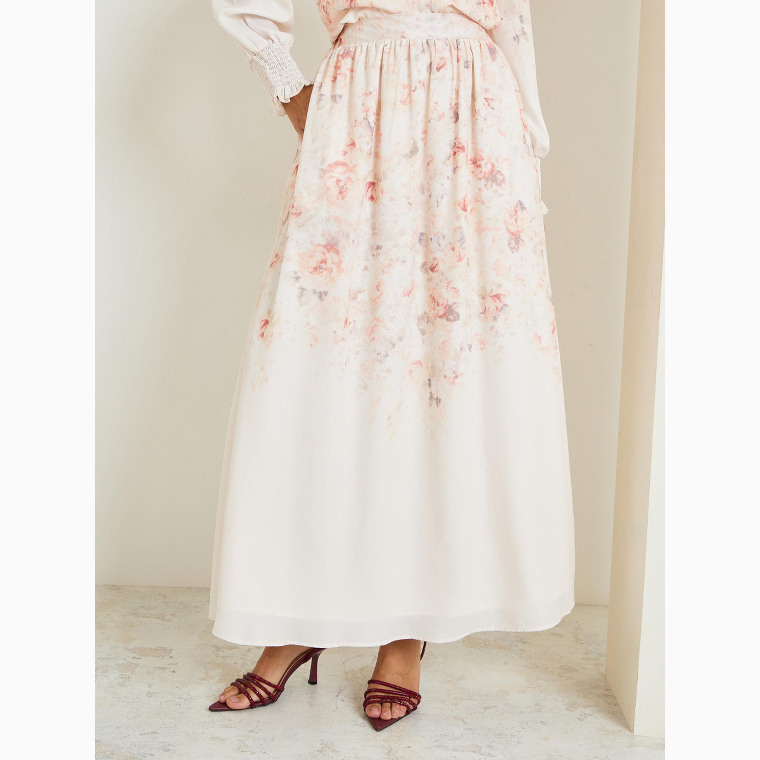 طقم منسق من تنورة طويلة وبلوزة بنقشة زهور كريمي-women-clothing-coordsets-image-4