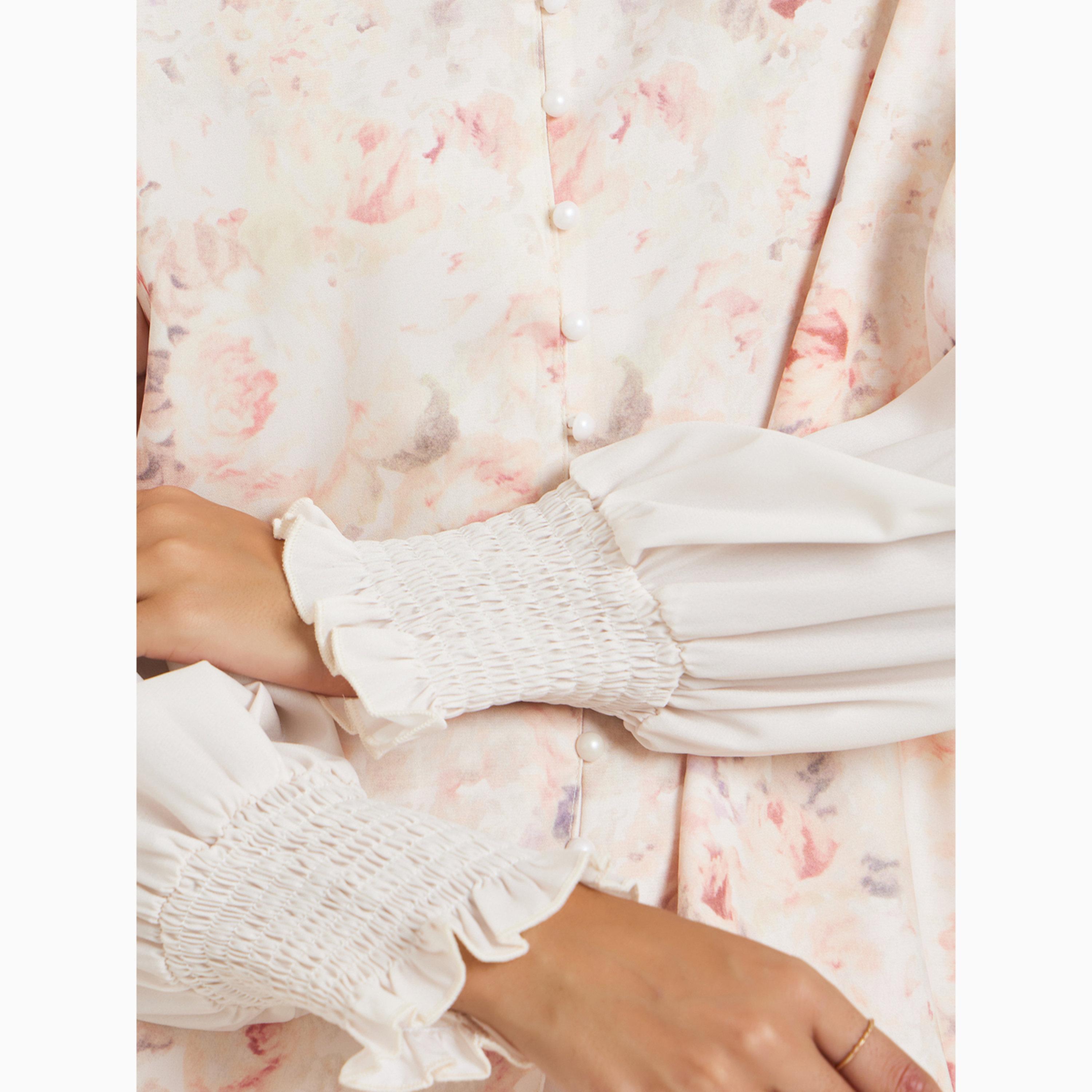 طقم منسق من تنورة طويلة وبلوزة بنقشة زهور كريمي-women-clothing-coordsets-image-6