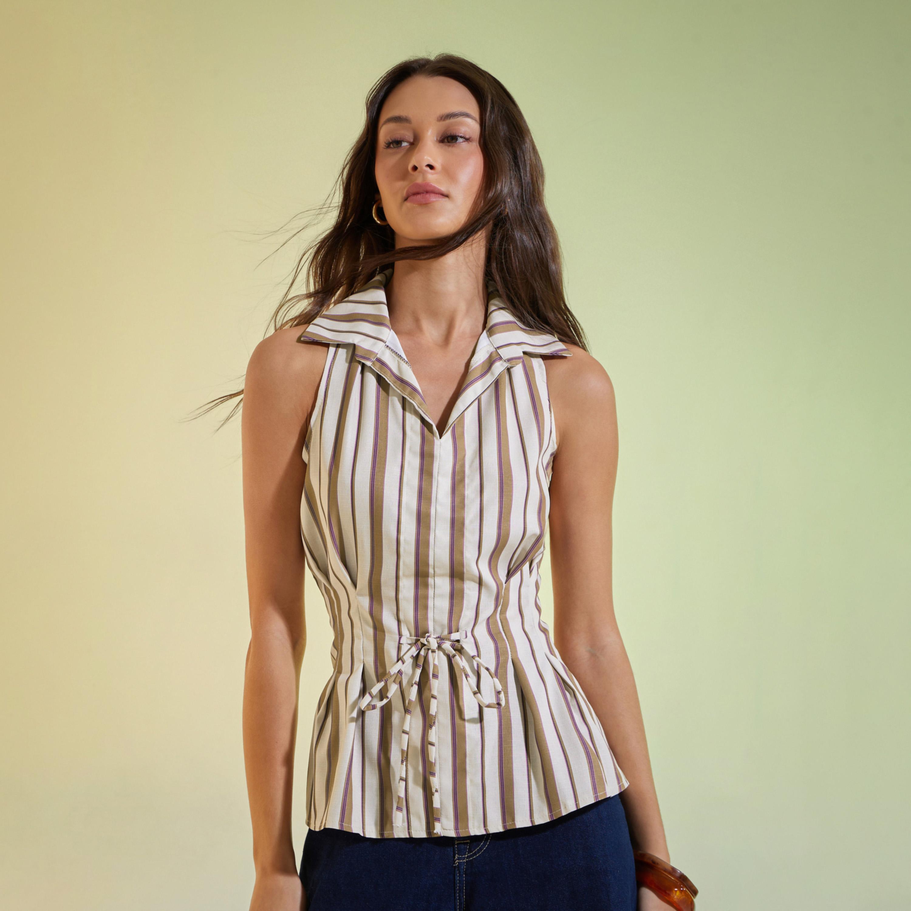 Styli Brown Striped Top with Tie-Waist-women-clothing-shirtsandblouses-blouses-image-1