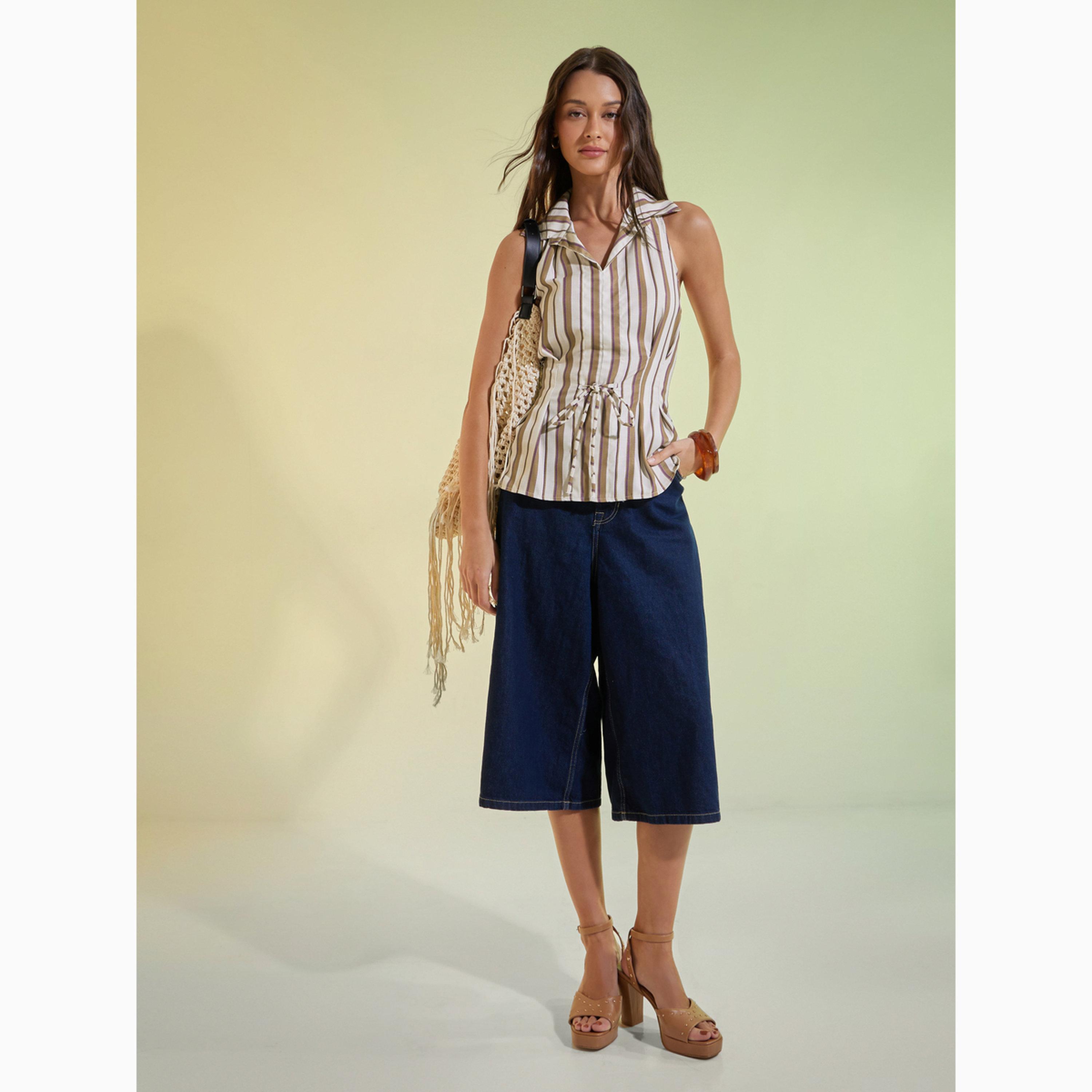 Styli Brown Striped Top with Tie-Waist-women-clothing-shirtsandblouses-blouses-image-2