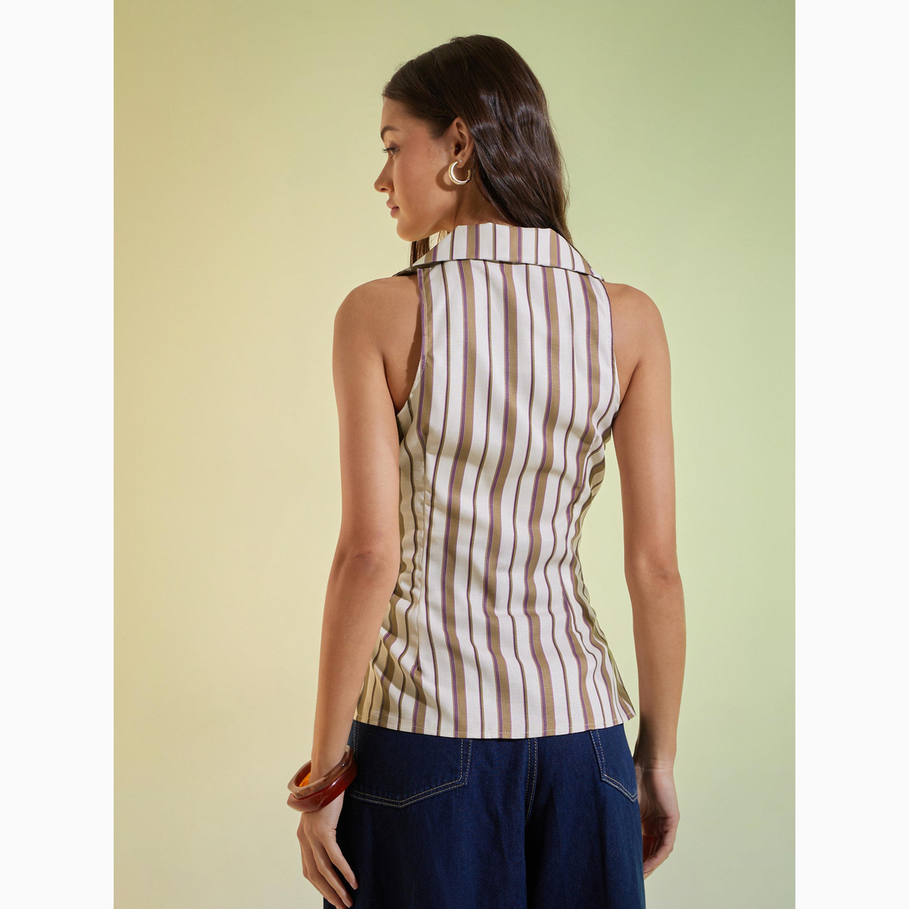 Styli Brown Striped Top with Tie-Waist-women-clothing-shirtsandblouses-blouses-image-4