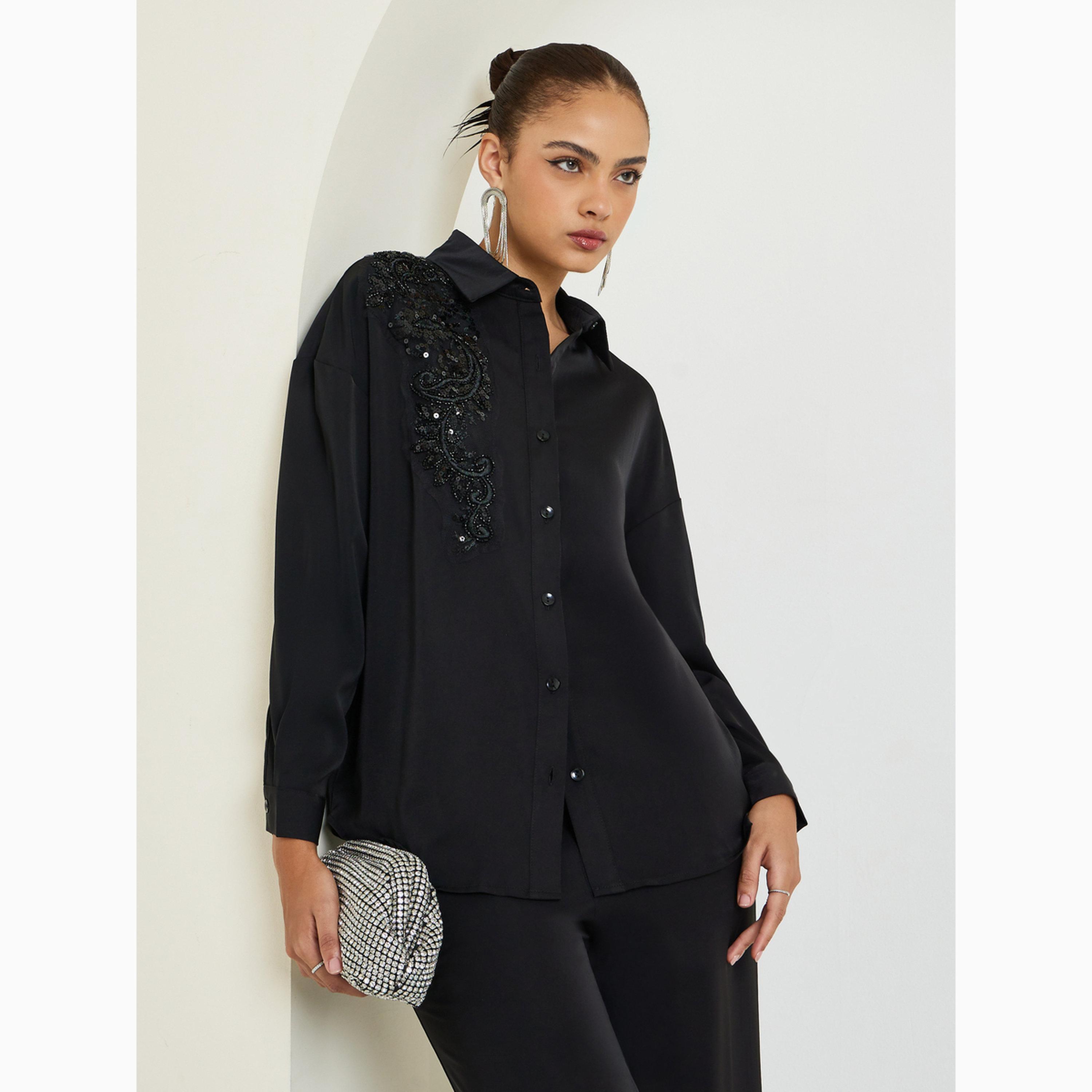 Styli Black Sequin Embellished Shirt and Trousers Co-Ords-women-clothing-coordsets-image-2