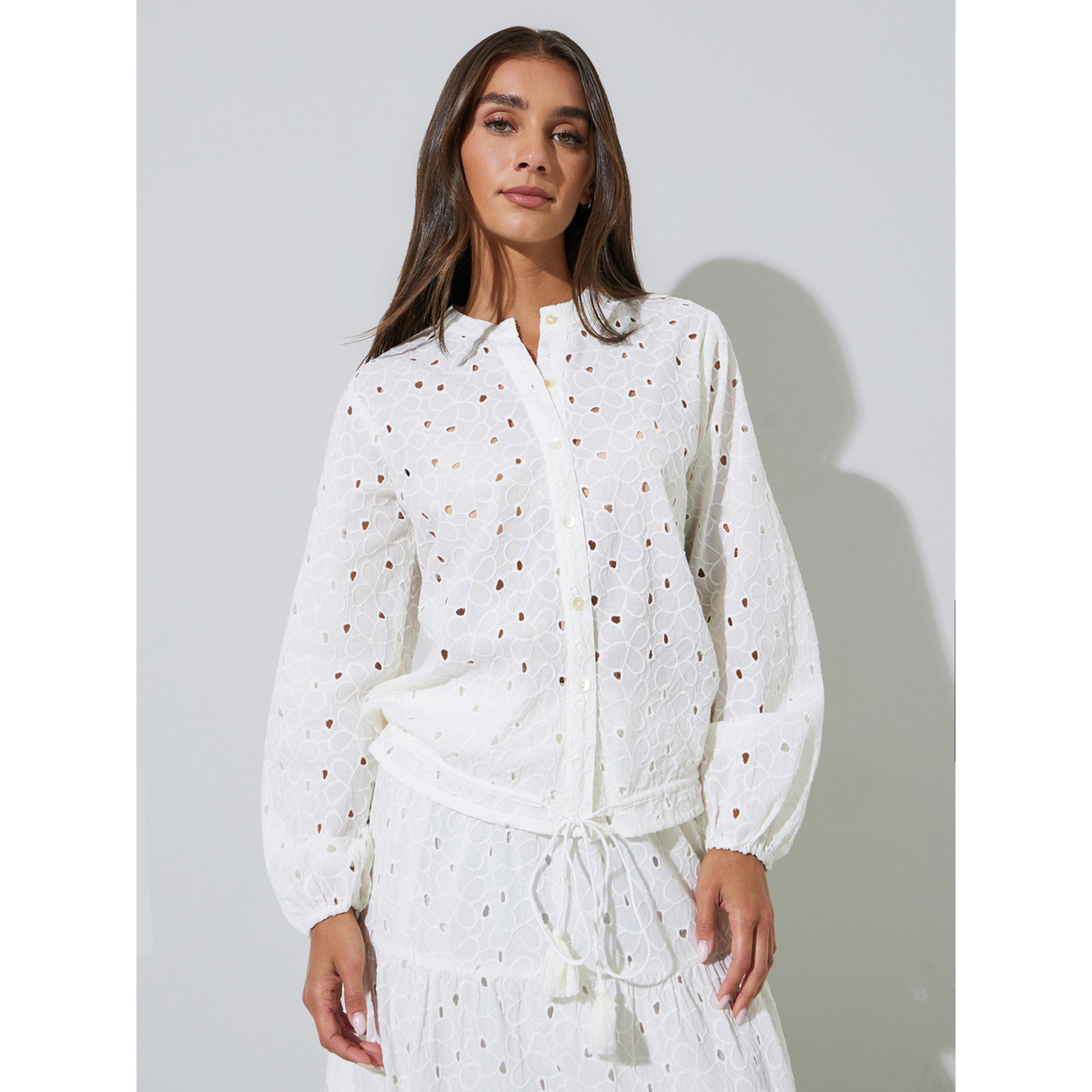 Styli Off-White Eyelet Tie-Up Detail Long Sleeve Blouse-women-clothing-shirtsandblouses-blouses-image-1