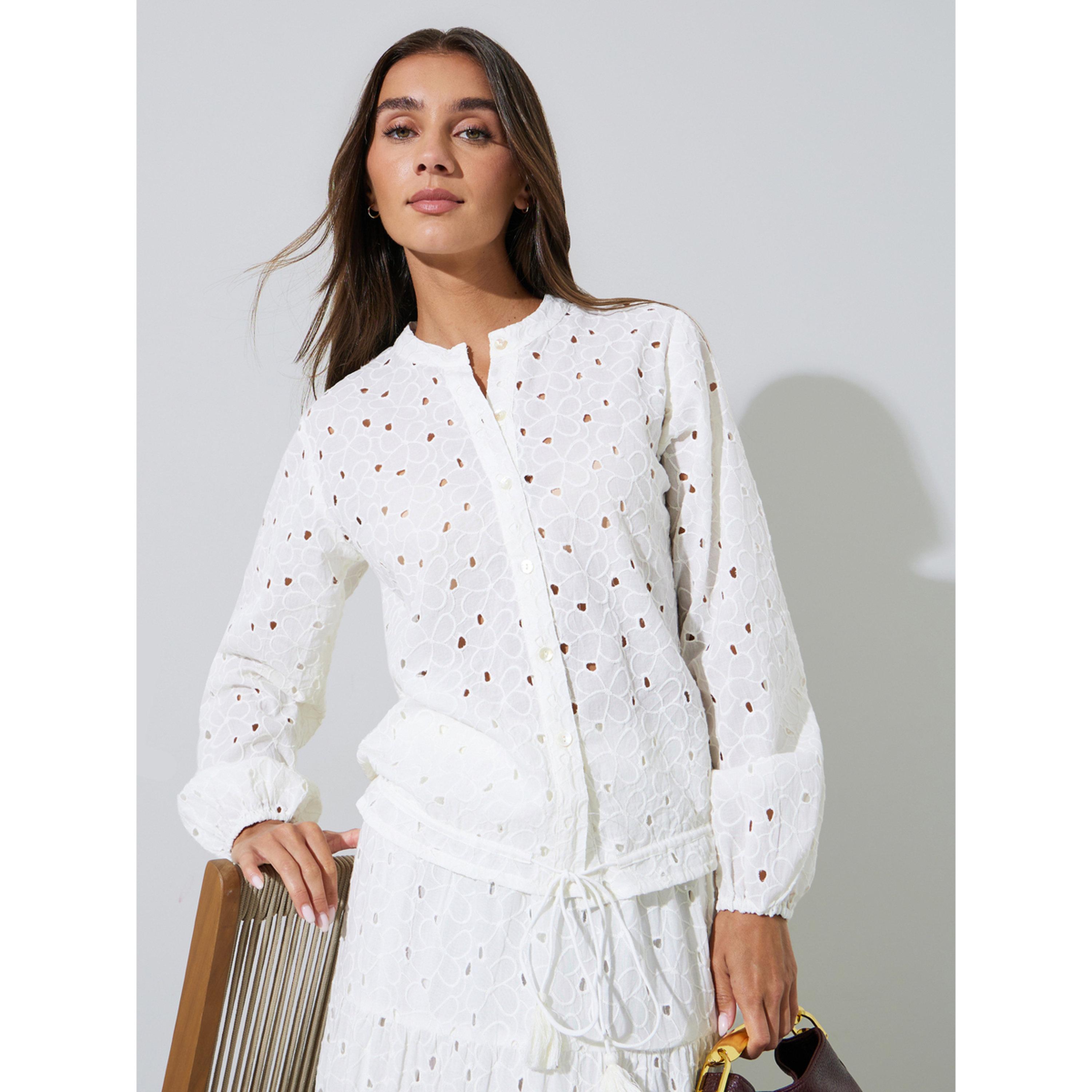 Styli Off-White Eyelet Tie-Up Detail Long Sleeve Blouse-women-clothing-shirtsandblouses-blouses-image-3
