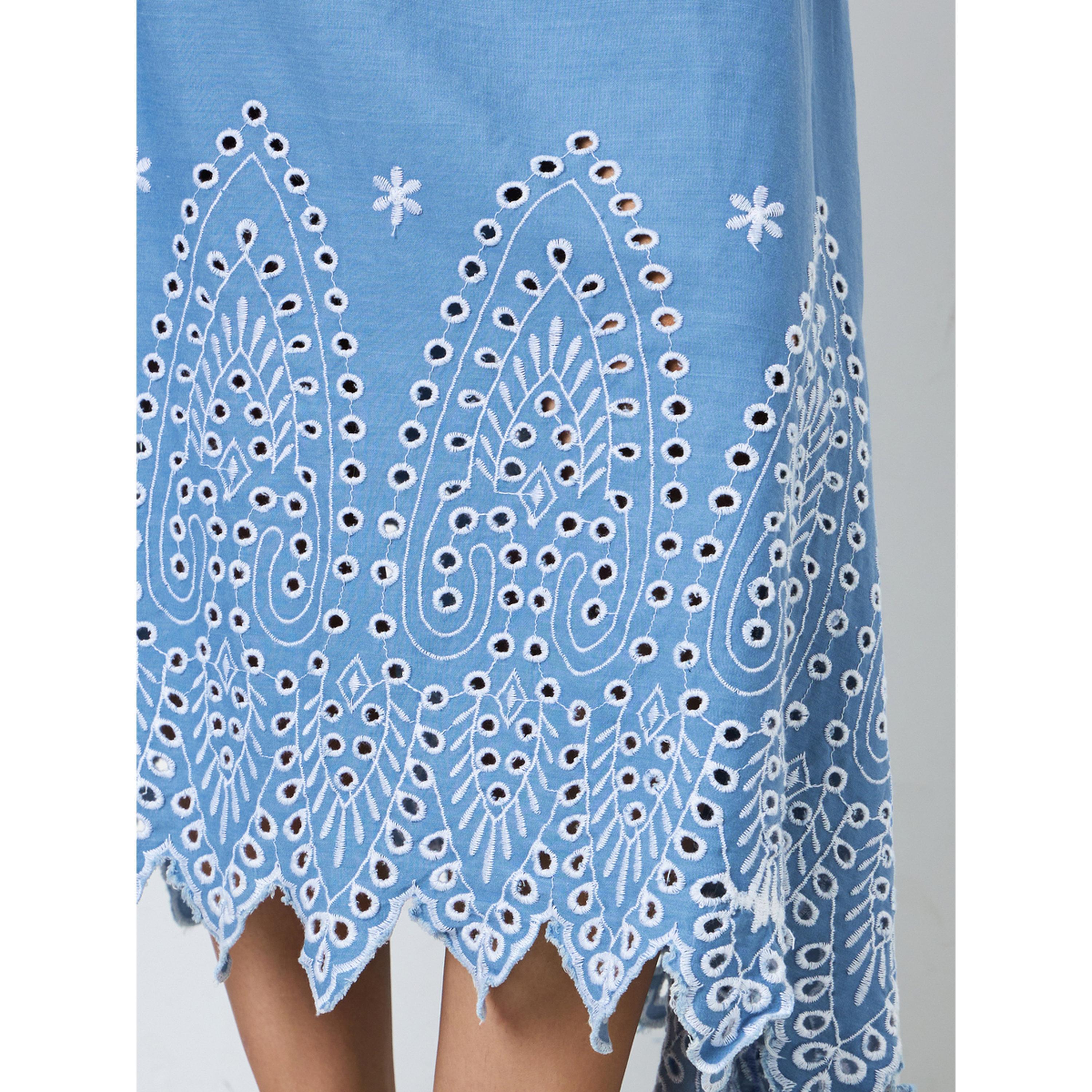 Styli Blue Chambray Denim Midi Skirt with Schiffli Detail-women-clothing-skirts-image-3
