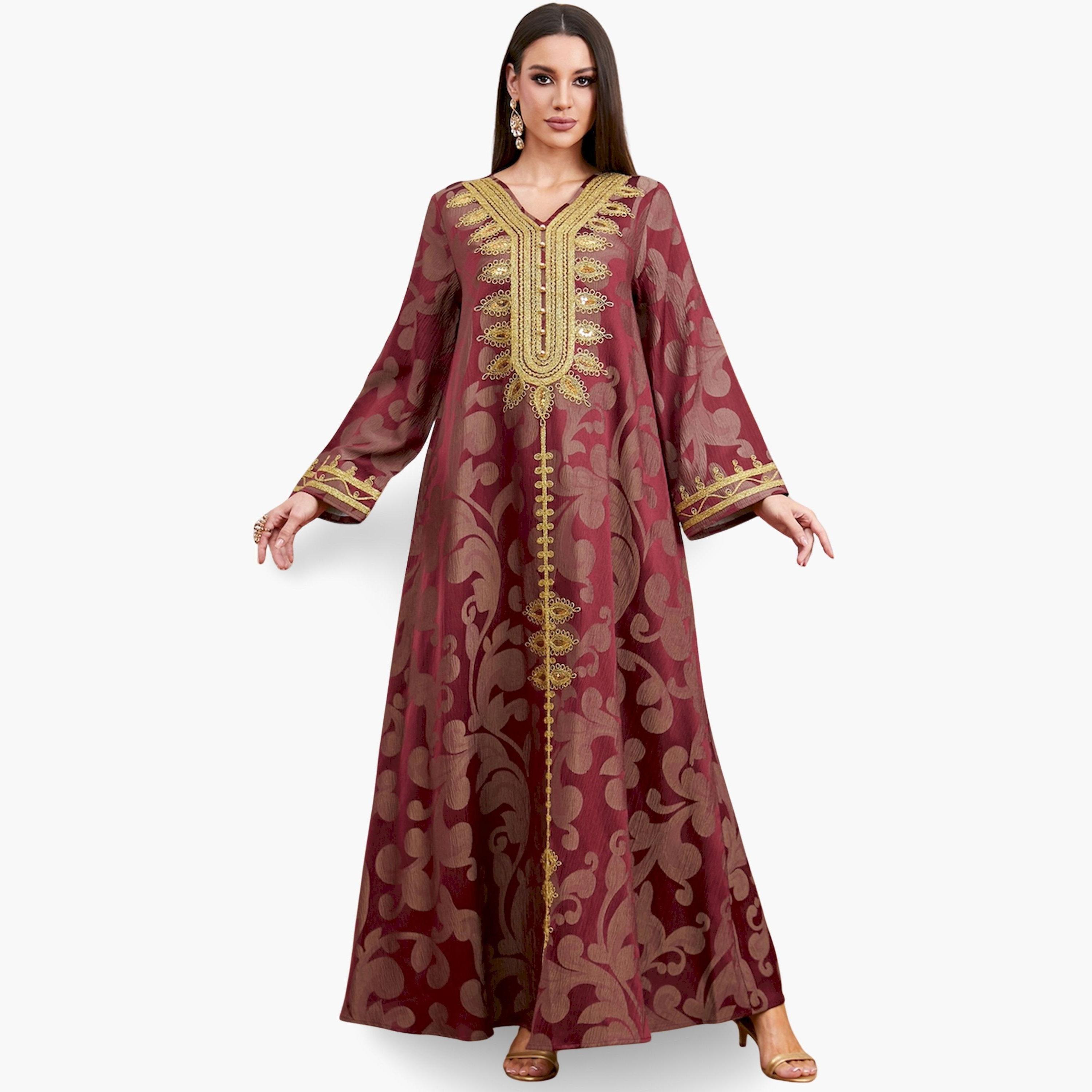 Take Two Burgundy Jacquard Embroidered A-Line Jalabiya-women-arabicclothing-jalabiyas-image-1