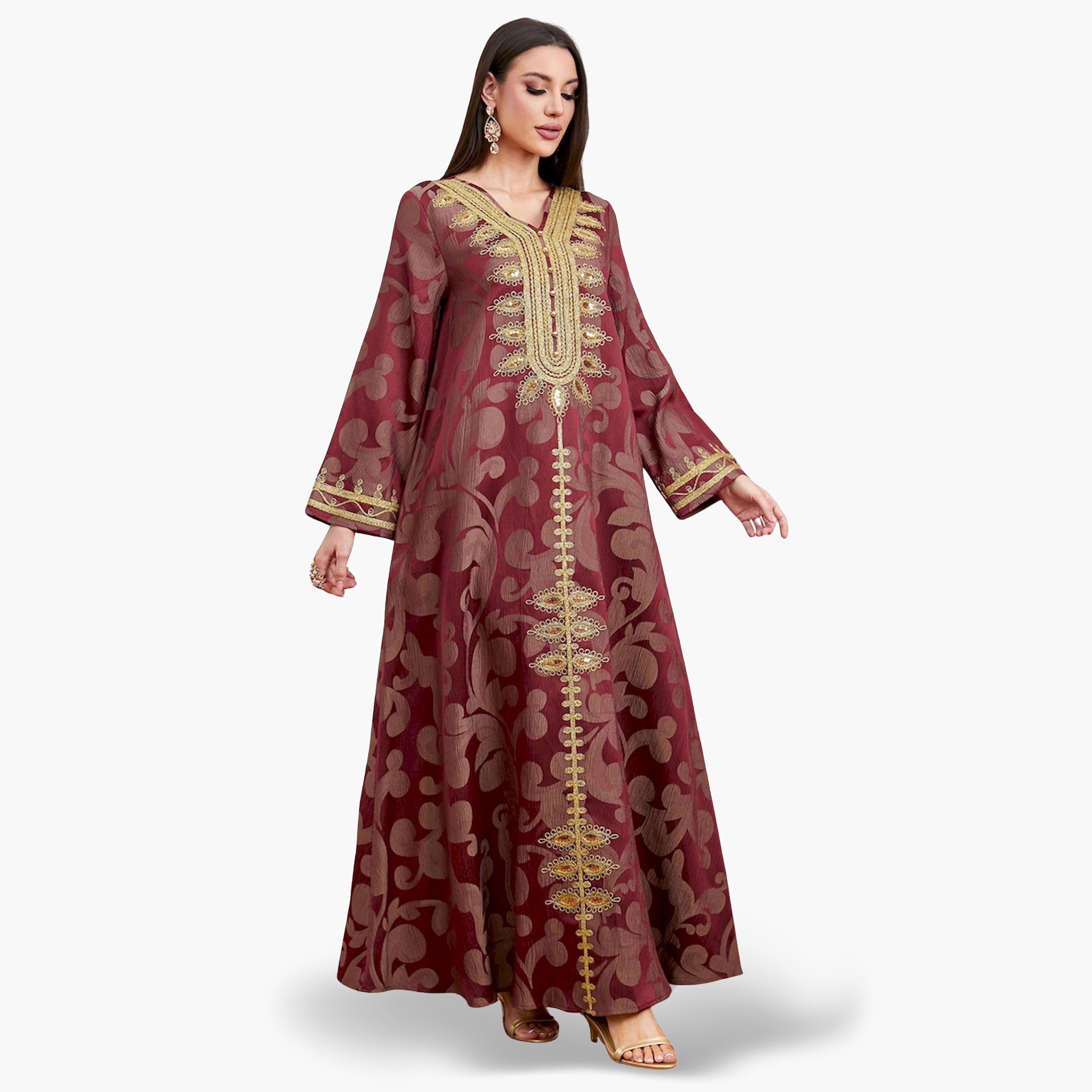 Take Two Burgundy Jacquard Embroidered A-Line Jalabiya-women-arabicclothing-jalabiyas-image-2