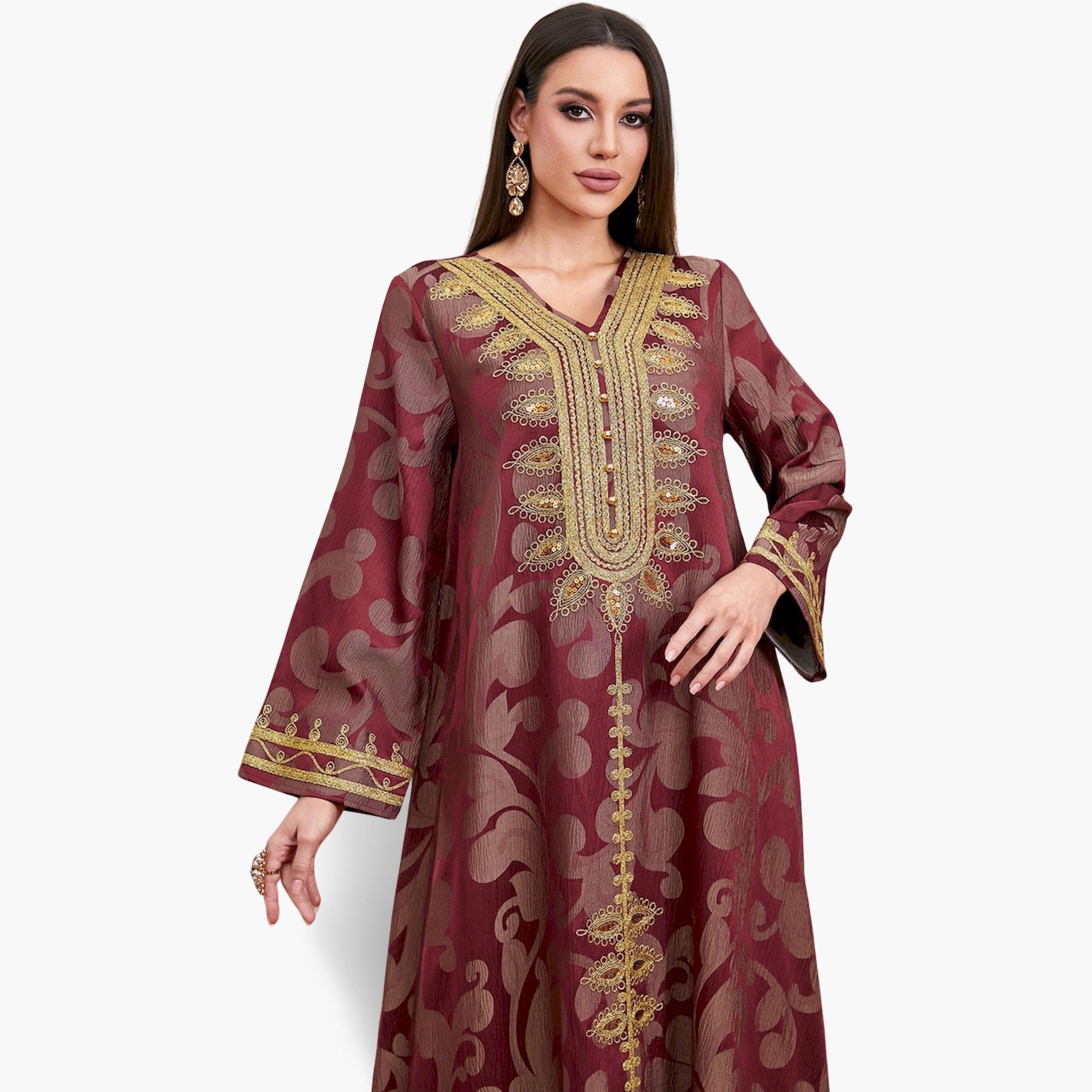 تيك تو × ستايلي - جلابية مطرزة نقشة الجاكار باللون البرغندي تصميم A-women-arabicclothing-jalabiyas-image-3