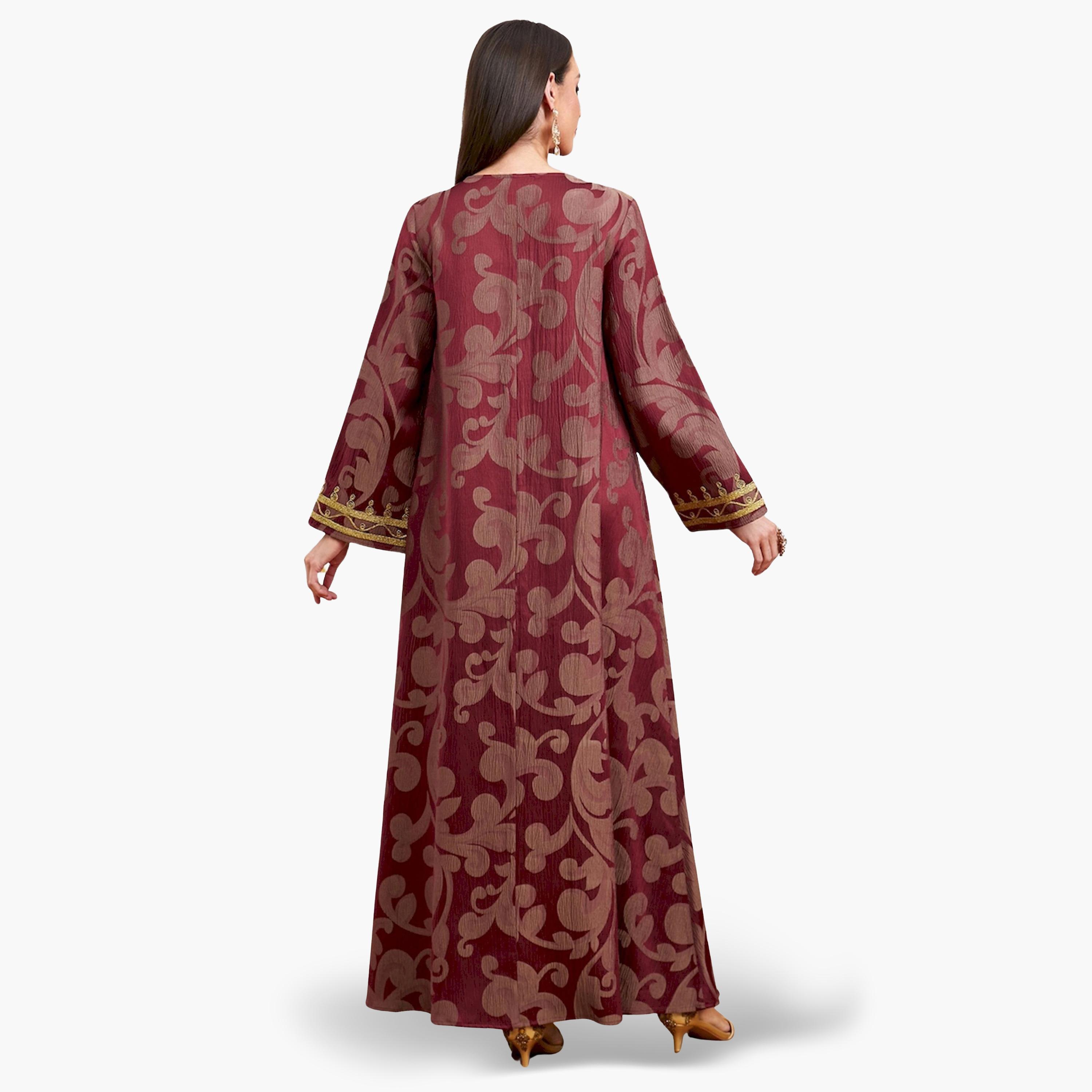 Take Two Burgundy Jacquard Embroidered A-Line Jalabiya-women-arabicclothing-jalabiyas-image-4