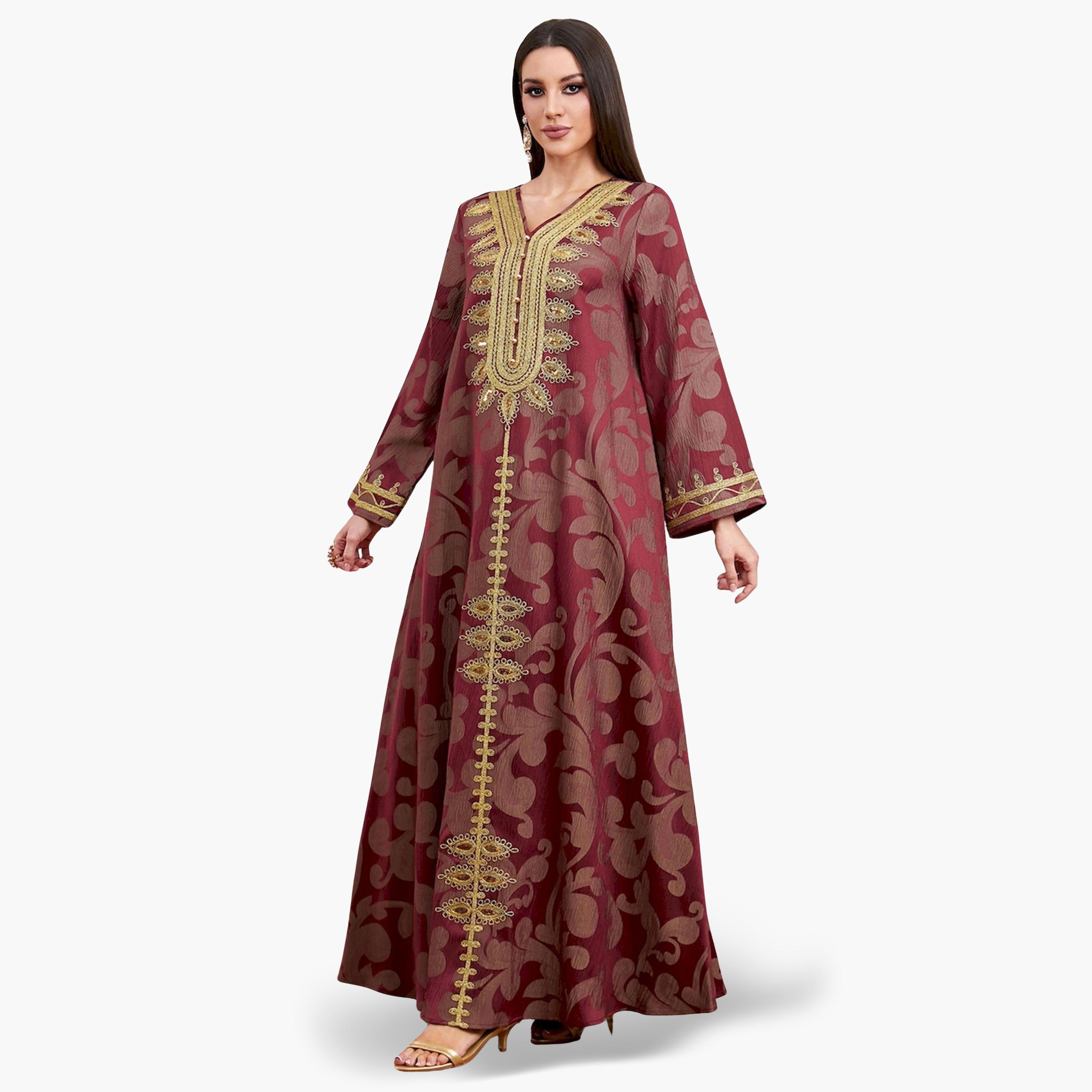Take Two Burgundy Jacquard Embroidered A-Line Jalabiya-women-arabicclothing-jalabiyas-image-5