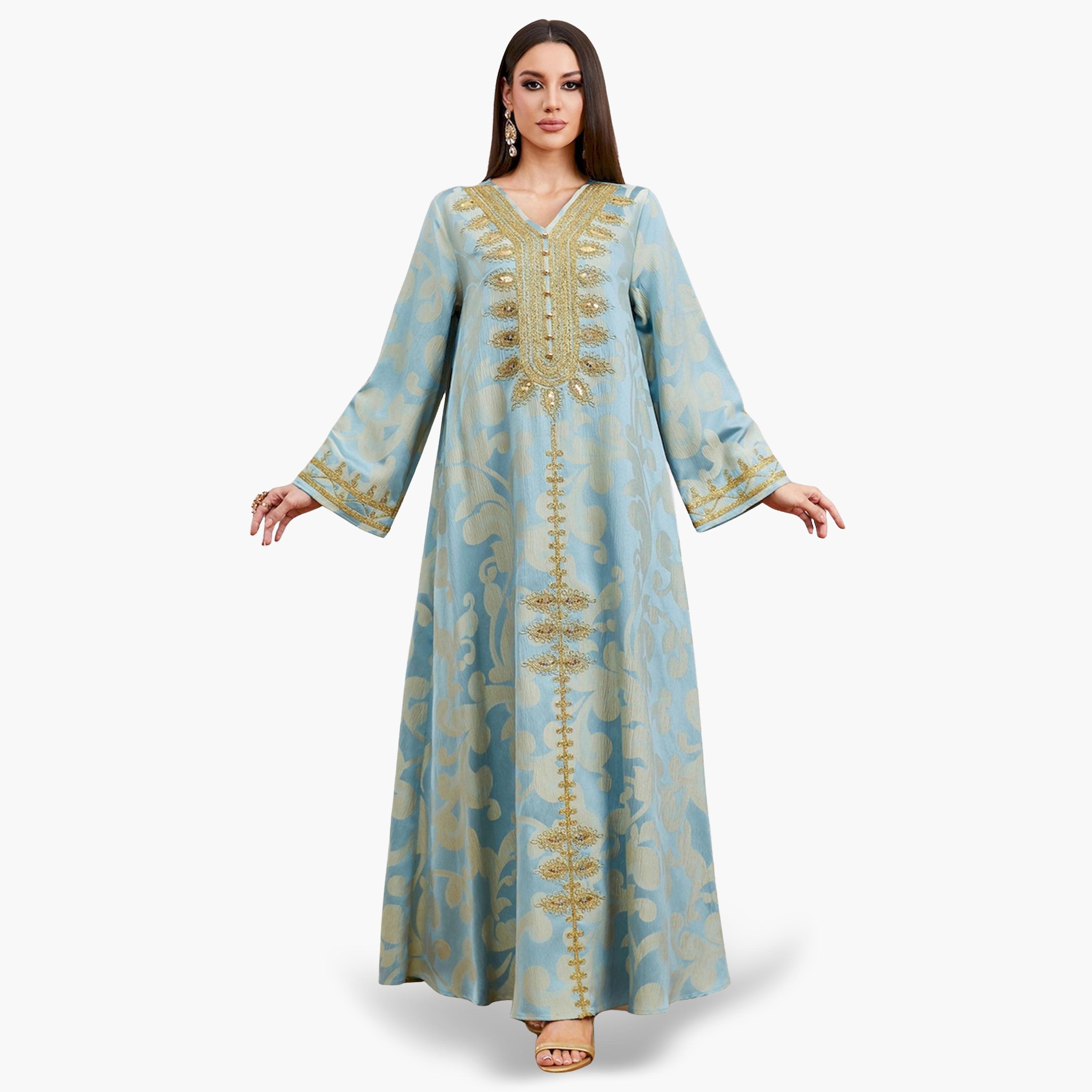 Take Two Light Blue Embroidered A-Line Jalabiya-women-arabicclothing-jalabiyas-image-1