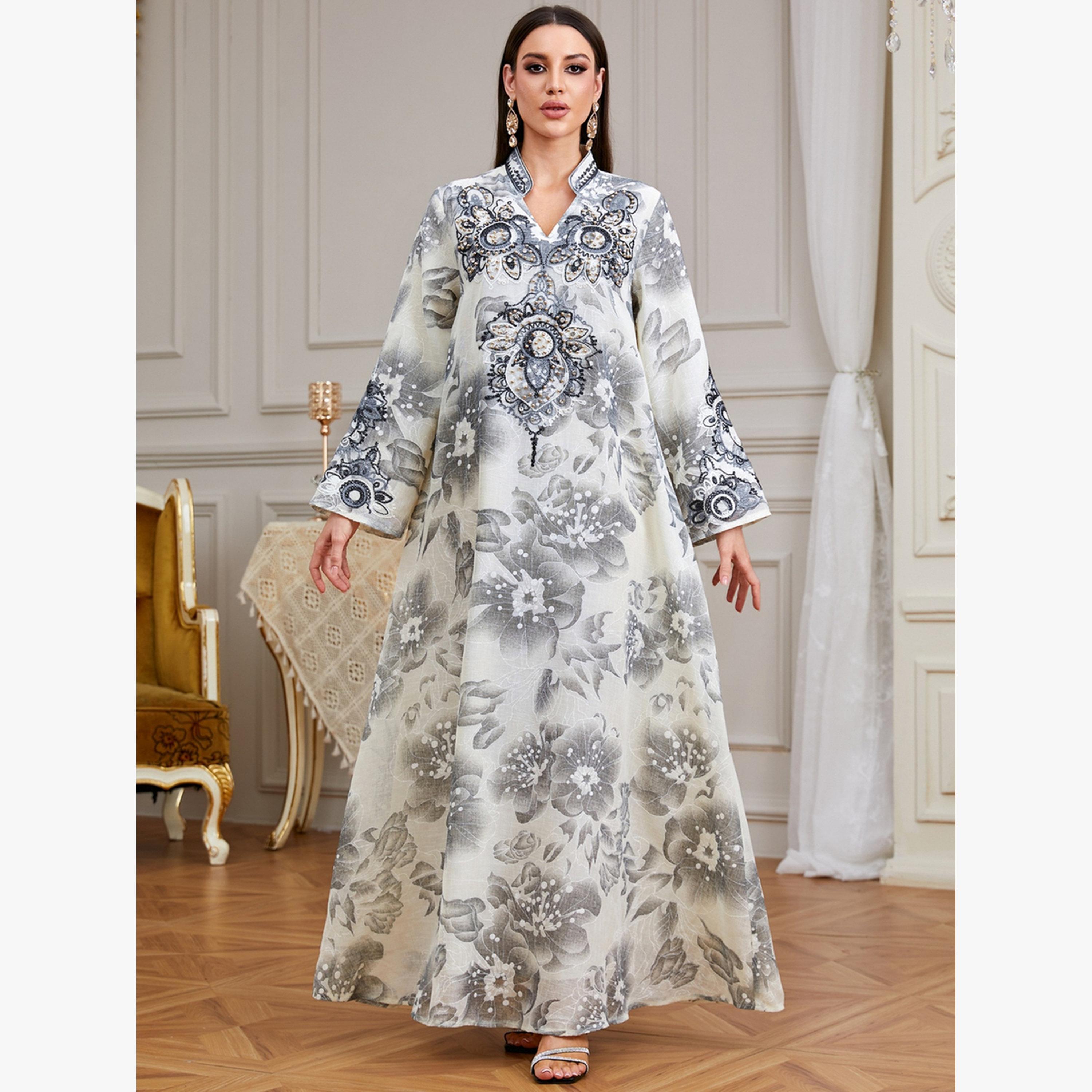Take Two Grey Floral Print Embroidered A-Line Jalabiya-women-arabicclothing-jalabiyas-image-1