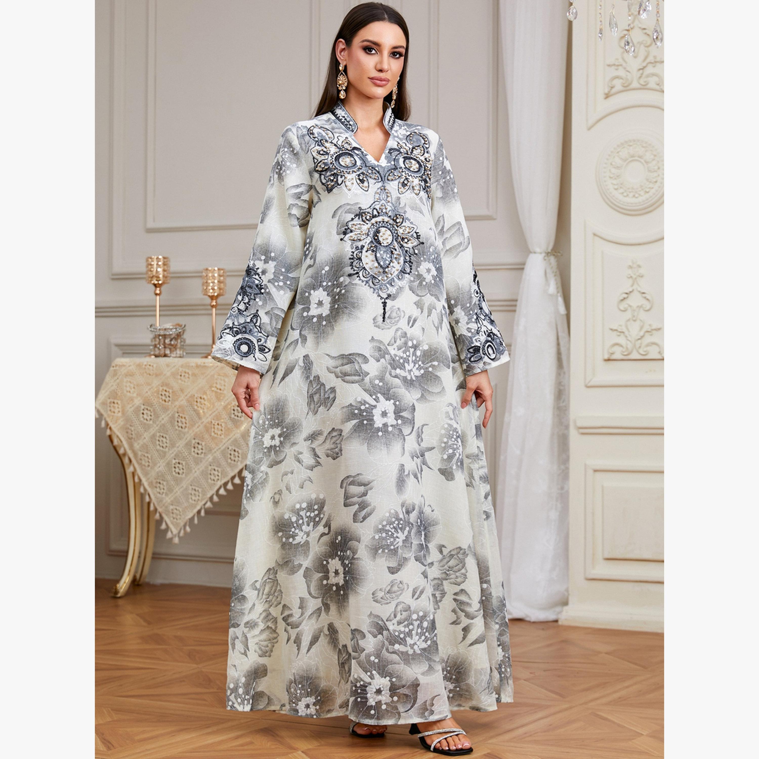 Take Two Grey Floral Print Embroidered A-Line Jalabiya-women-arabicclothing-jalabiyas-image-2