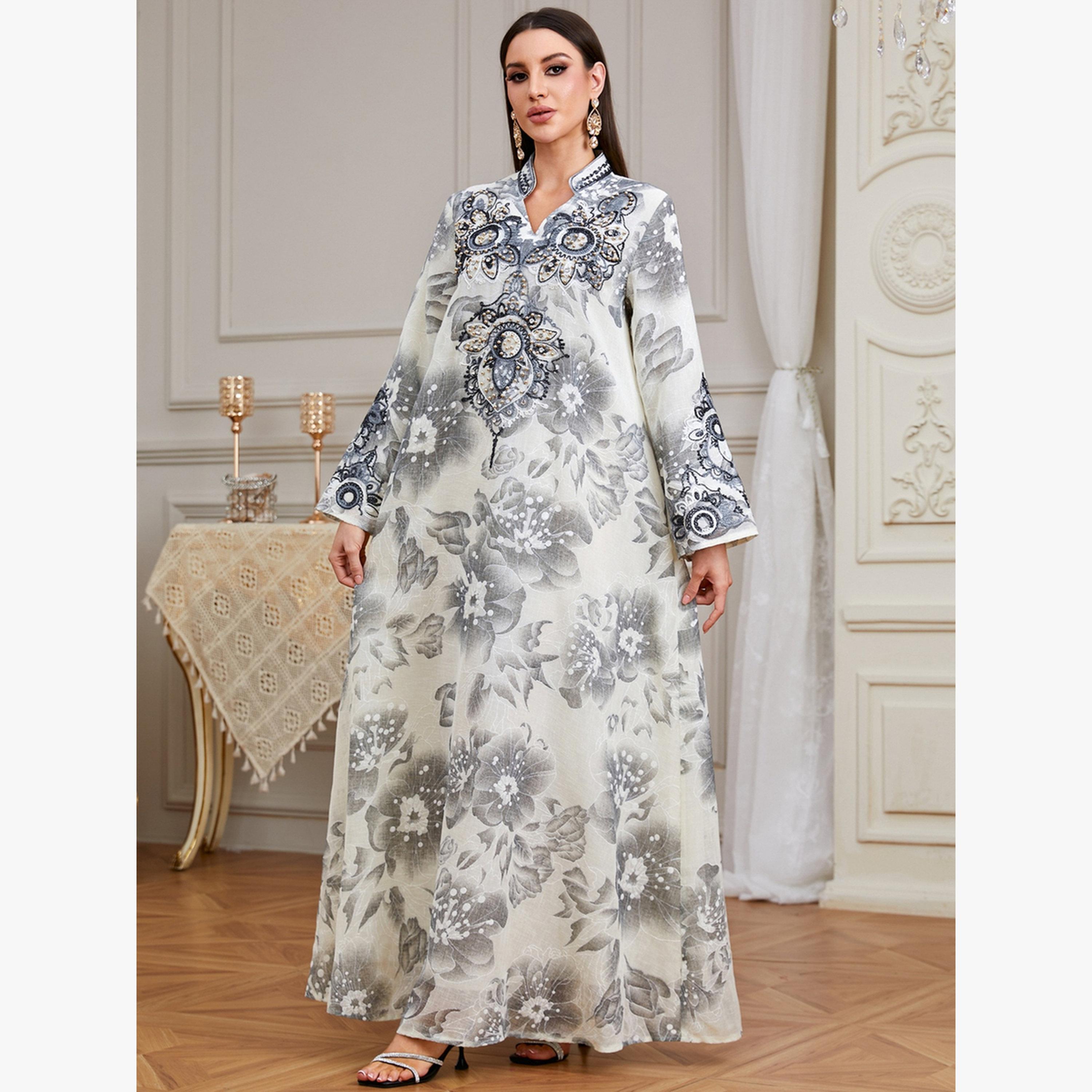 Take Two Grey Floral Print Embroidered A-Line Jalabiya-women-arabicclothing-jalabiyas-image-3