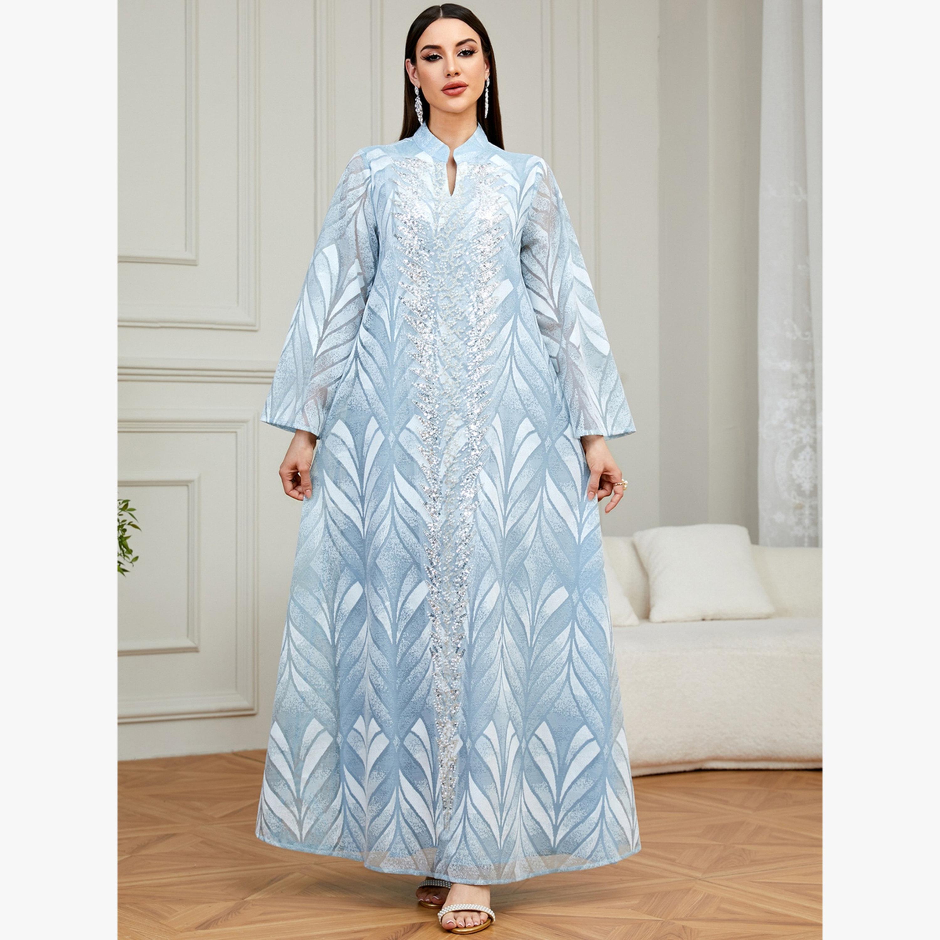Take Two Blue Notch Neck Jalabiya with Sequin Embellishment-women-arabicclothing-jalabiyas-image-1