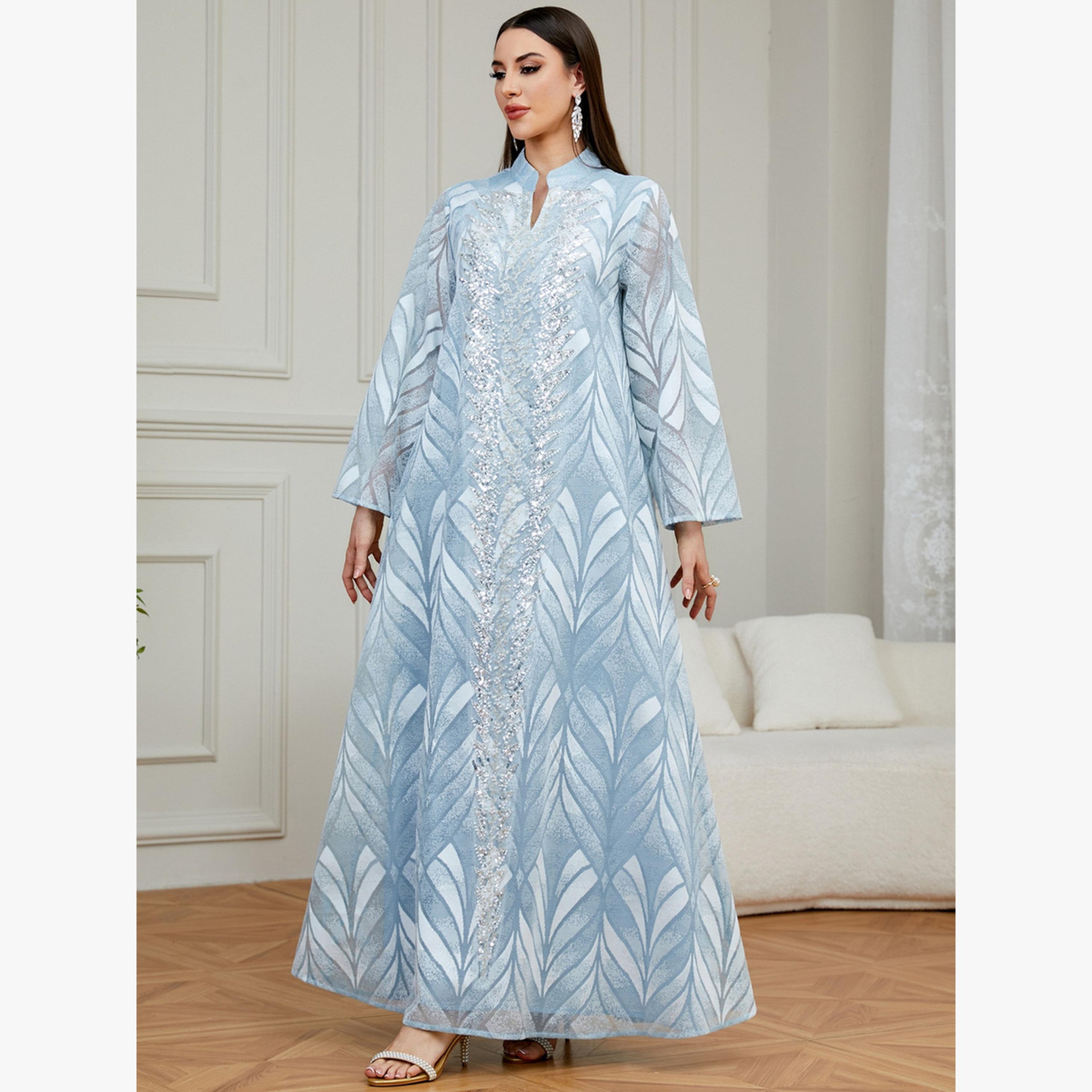 Take Two Blue Notch Neck Jalabiya with Sequin Embellishment-women-arabicclothing-jalabiyas-image-2