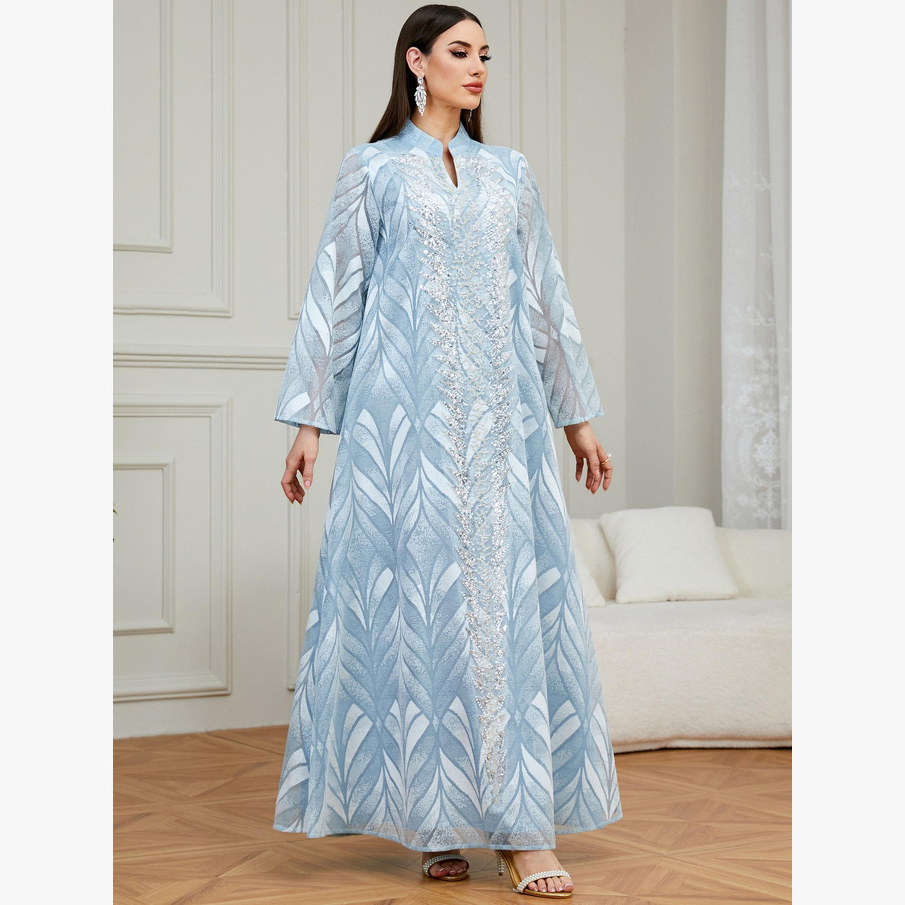 Take Two Blue Notch Neck Jalabiya with Sequin Embellishment-women-arabicclothing-jalabiyas-image-3