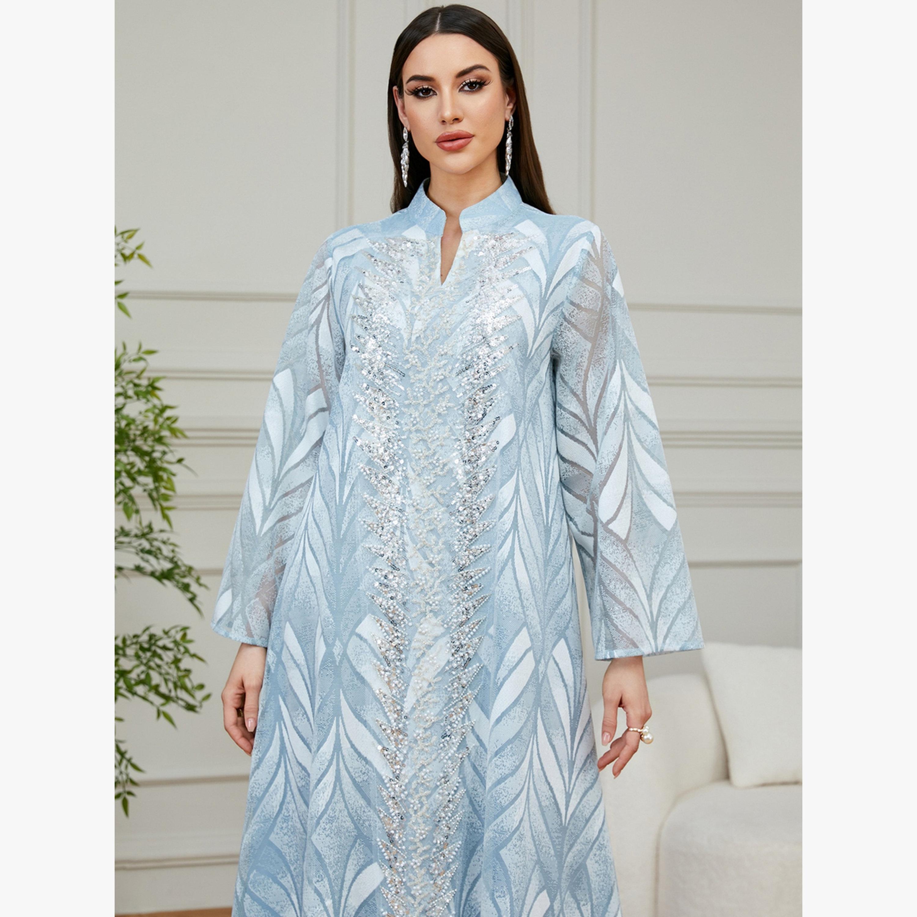 Take Two Blue Notch Neck Jalabiya with Sequin Embellishment-women-arabicclothing-jalabiyas-image-5