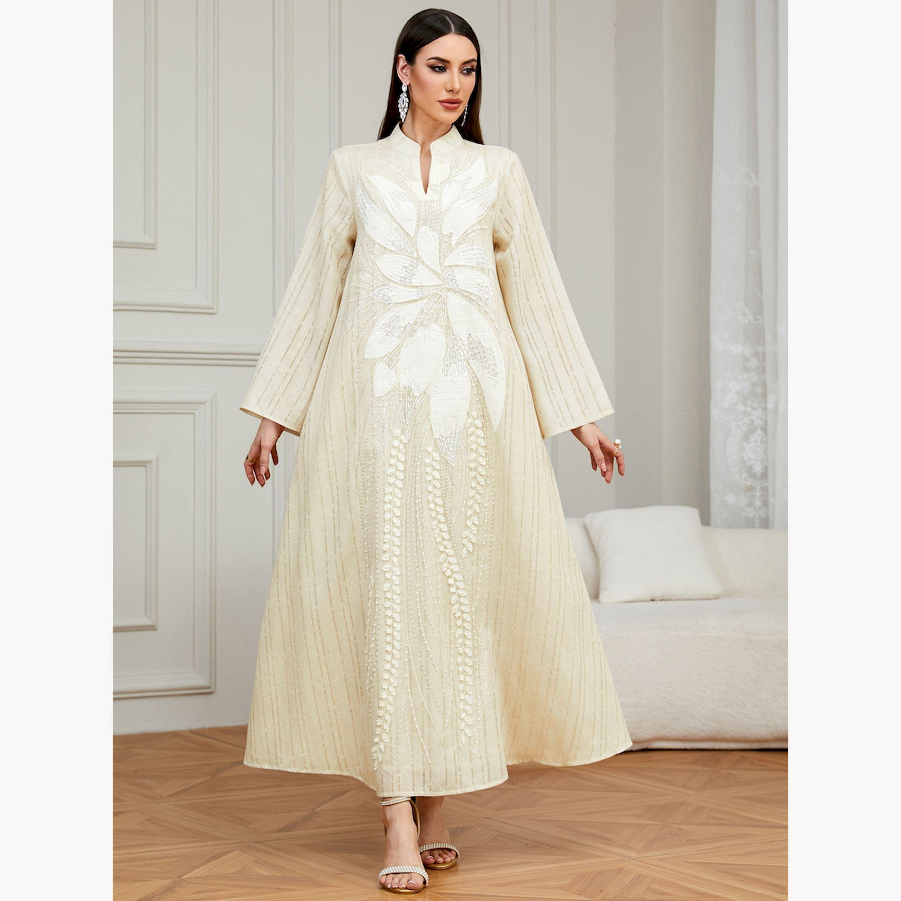 Take Two Beige Floral Embellished A-Line Jalabiya-women-arabicclothing-jalabiyas-image-1
