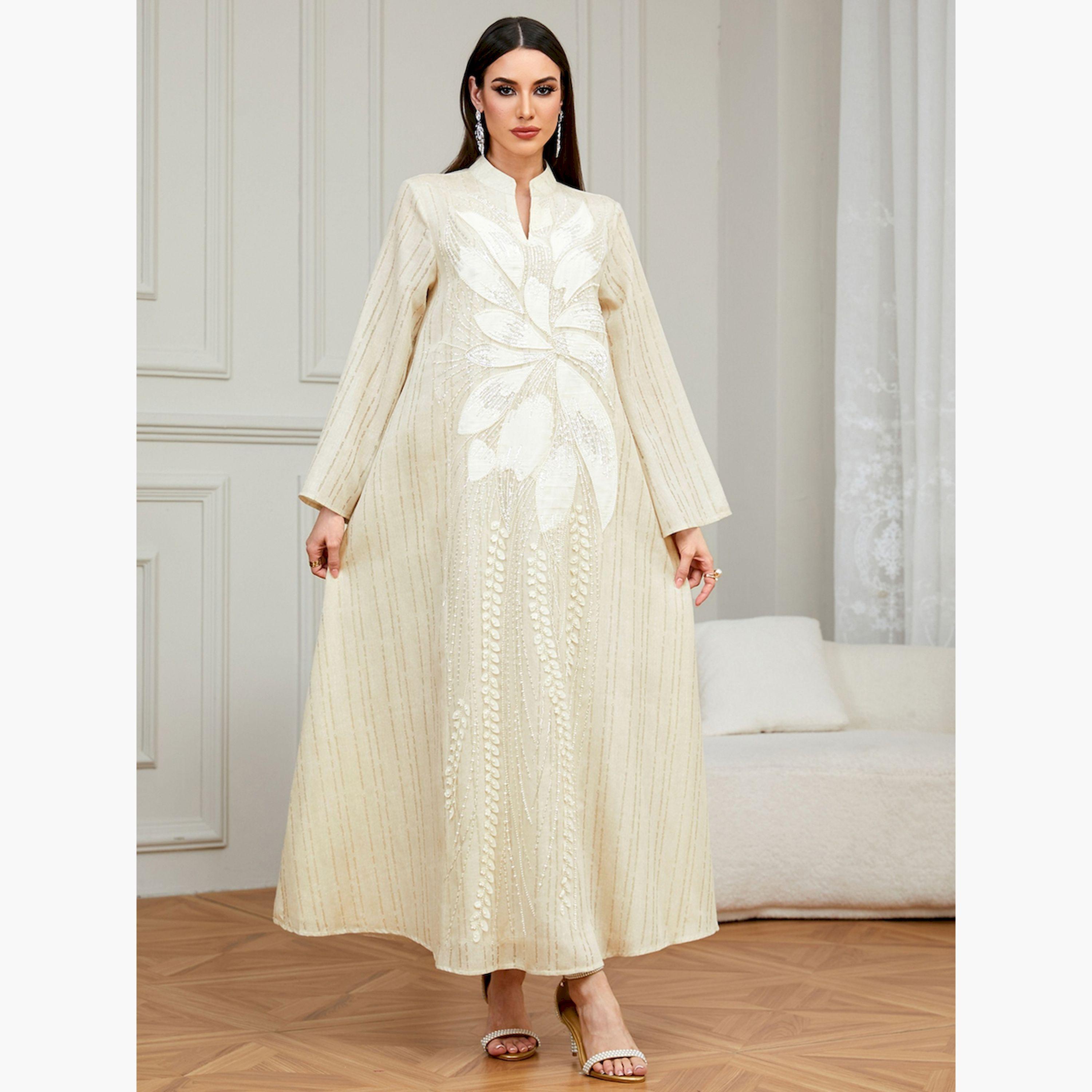 تيك تو × ستايلي - جلابية بيج نقشة زهرية تصميم A-women-arabicclothing-jalabiyas-image-2